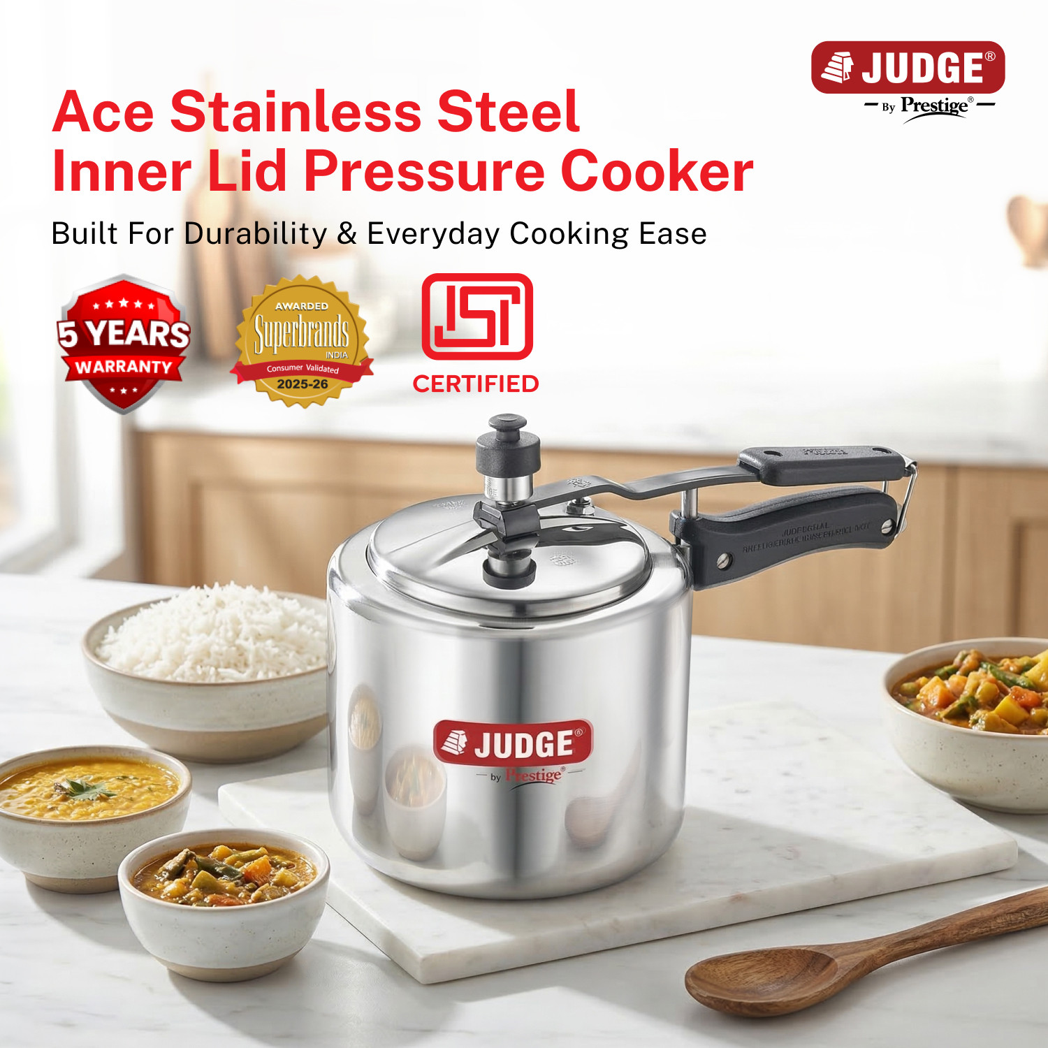 Image of Prestige Judge ACE Induction Base|Long Lasting Pressure Regulator|Easy Grip handle 2 L Inner Lid Induction Bottom Pressure Cooker