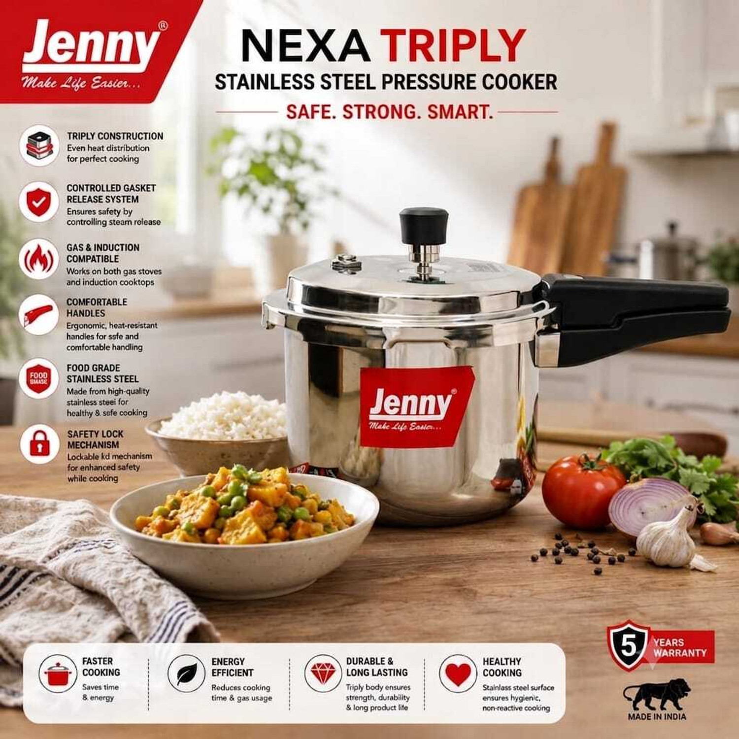 Image of JENNY Food Grade Stainless Steel Pressure Cooker 3 Litre Kitchen Essential 3 L Outer Lid Induction Bottom Pressure Cooker