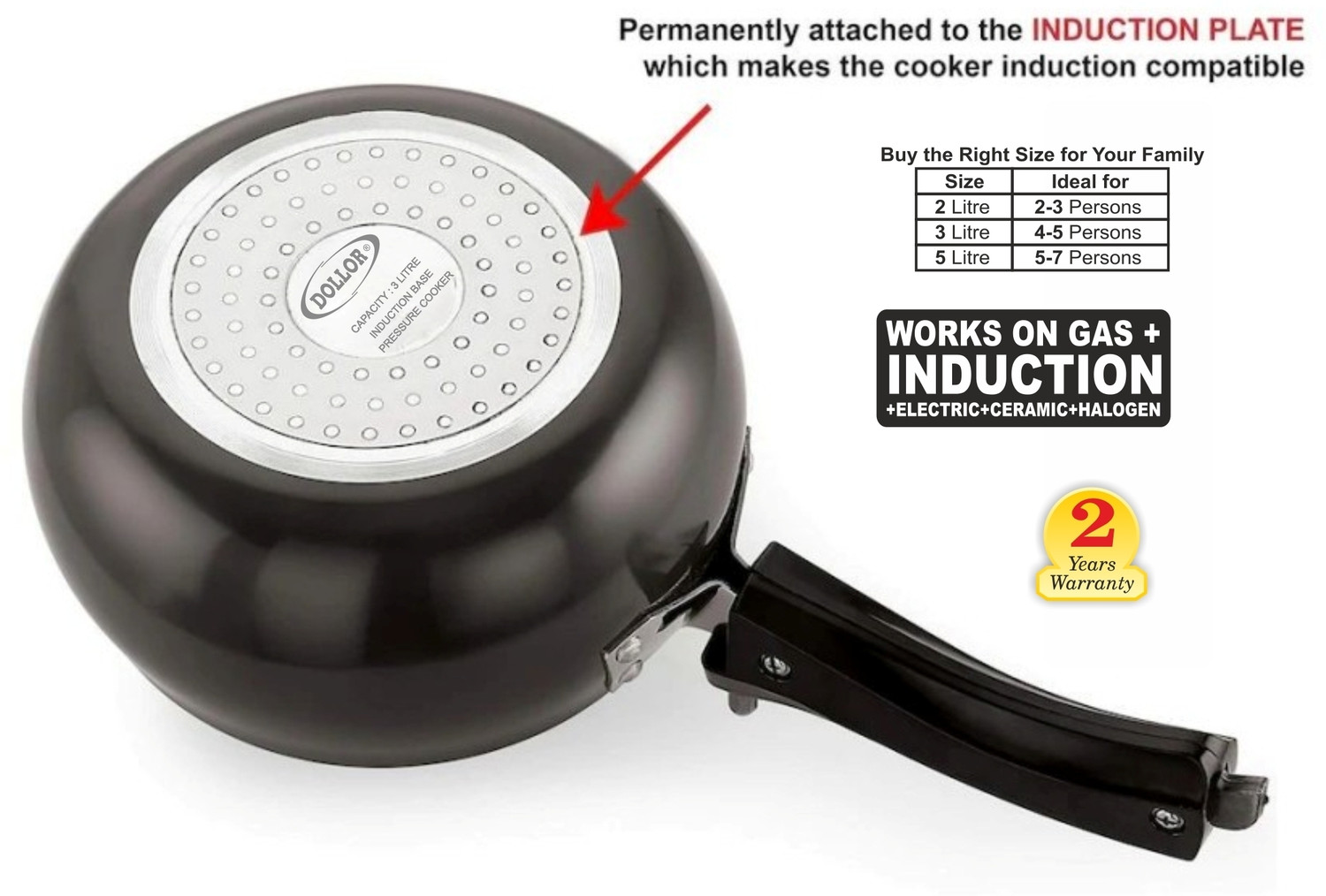Image of Dollor ISI Certified Handi Black Inner Lid 5.5 L Inner Lid Induction Bottom Pressure Cooker