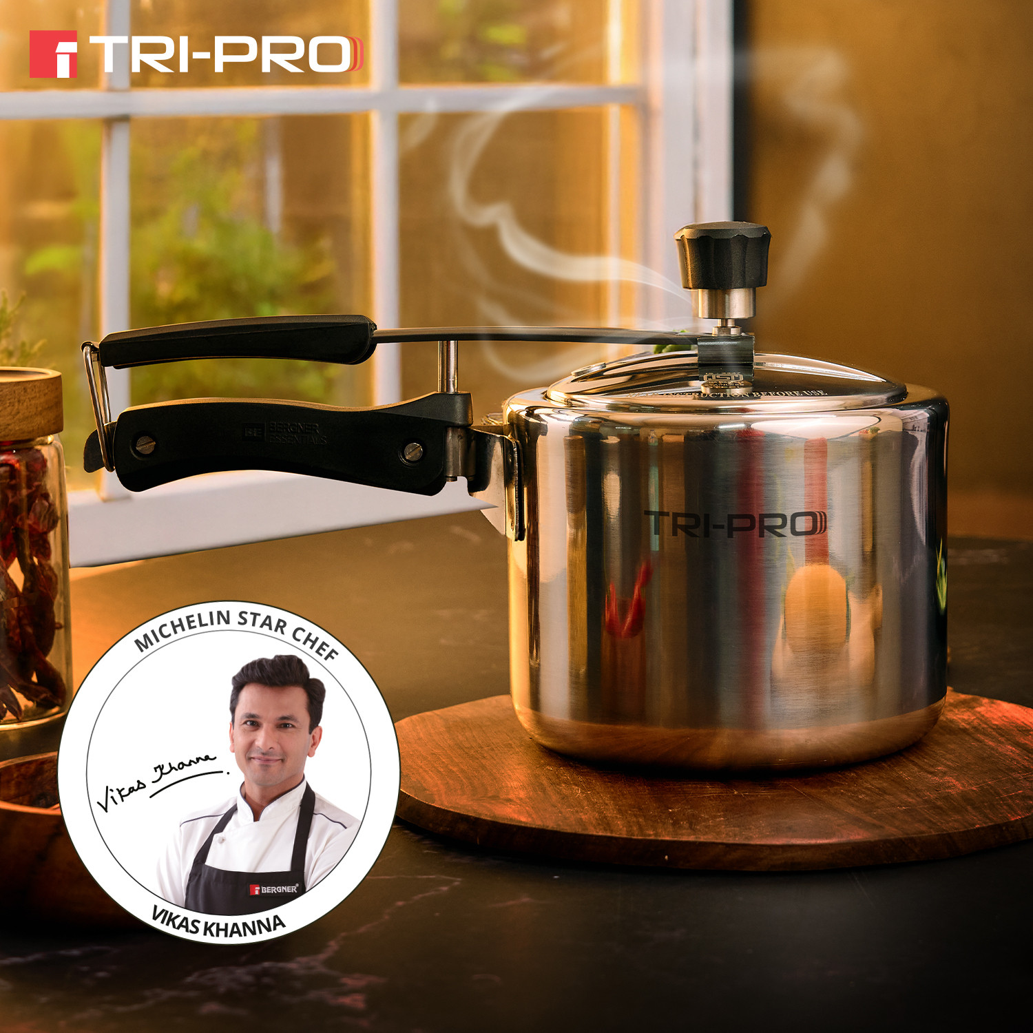 Image of BERGNER TriPro 3L Inner Lid Triply Pressure Cooker with Bakelite Safe Grip Handle, 3 L Inner Lid Induction Bottom Pressure Cooker & Pressure Pan