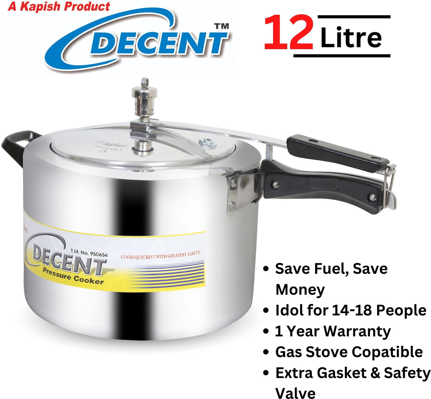 Image of Decent Classic Aluminium 12 L Inner Lid Pressure Cooker