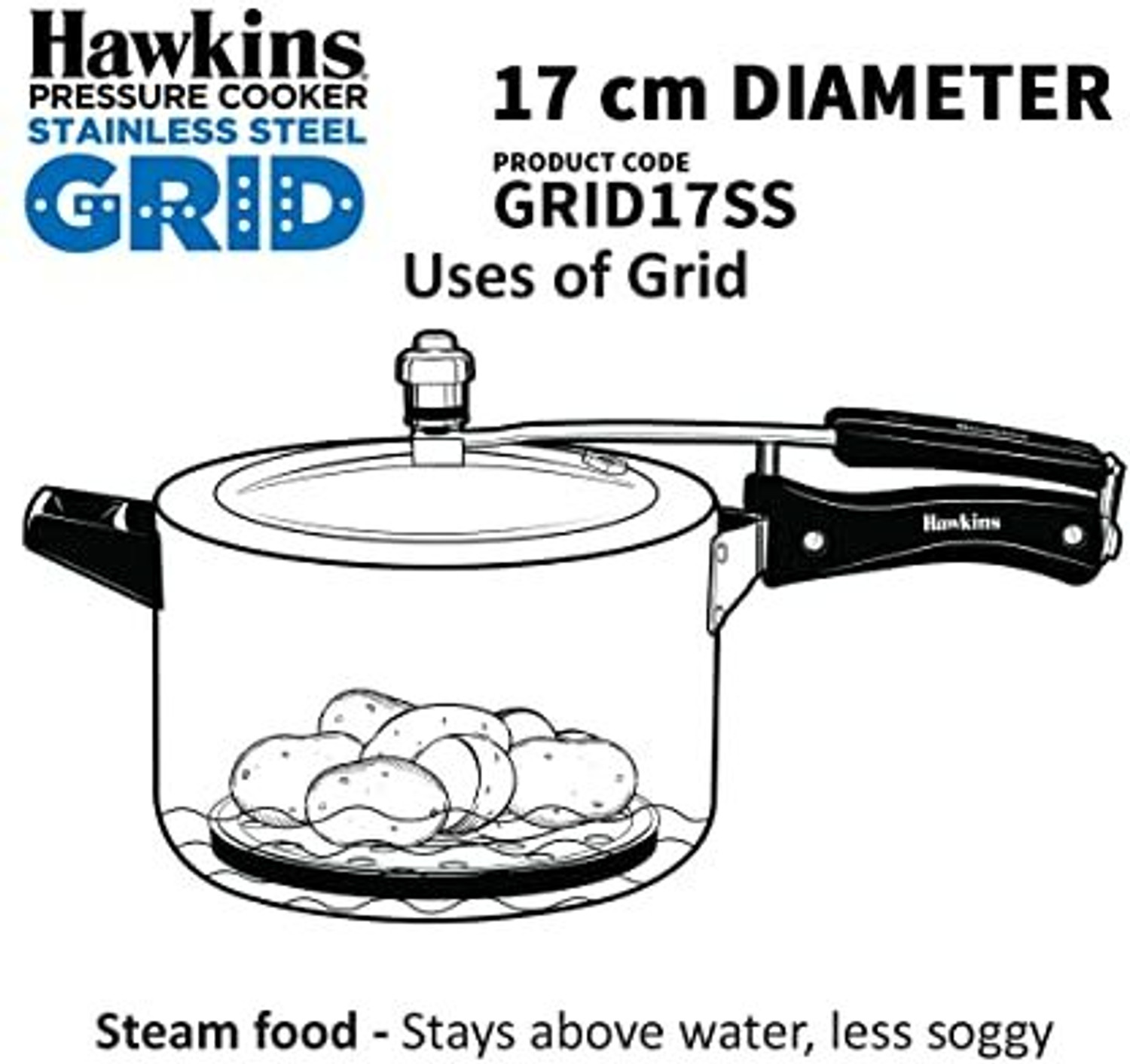 Image of Hawkins Contura Black Aluminium Cooker With SS Grid 17 cms 5 L Inner Lid Pressure Cooker