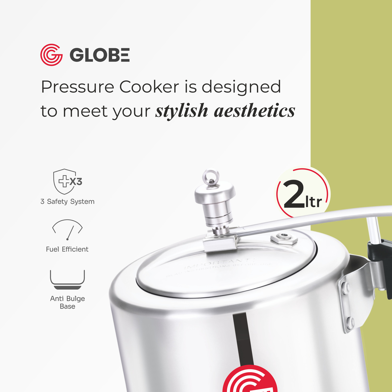 Image of globe Kiwi Regular Base with Inner Lid|6 Years Warranty 2 L Inner Lid Pressure Cooker