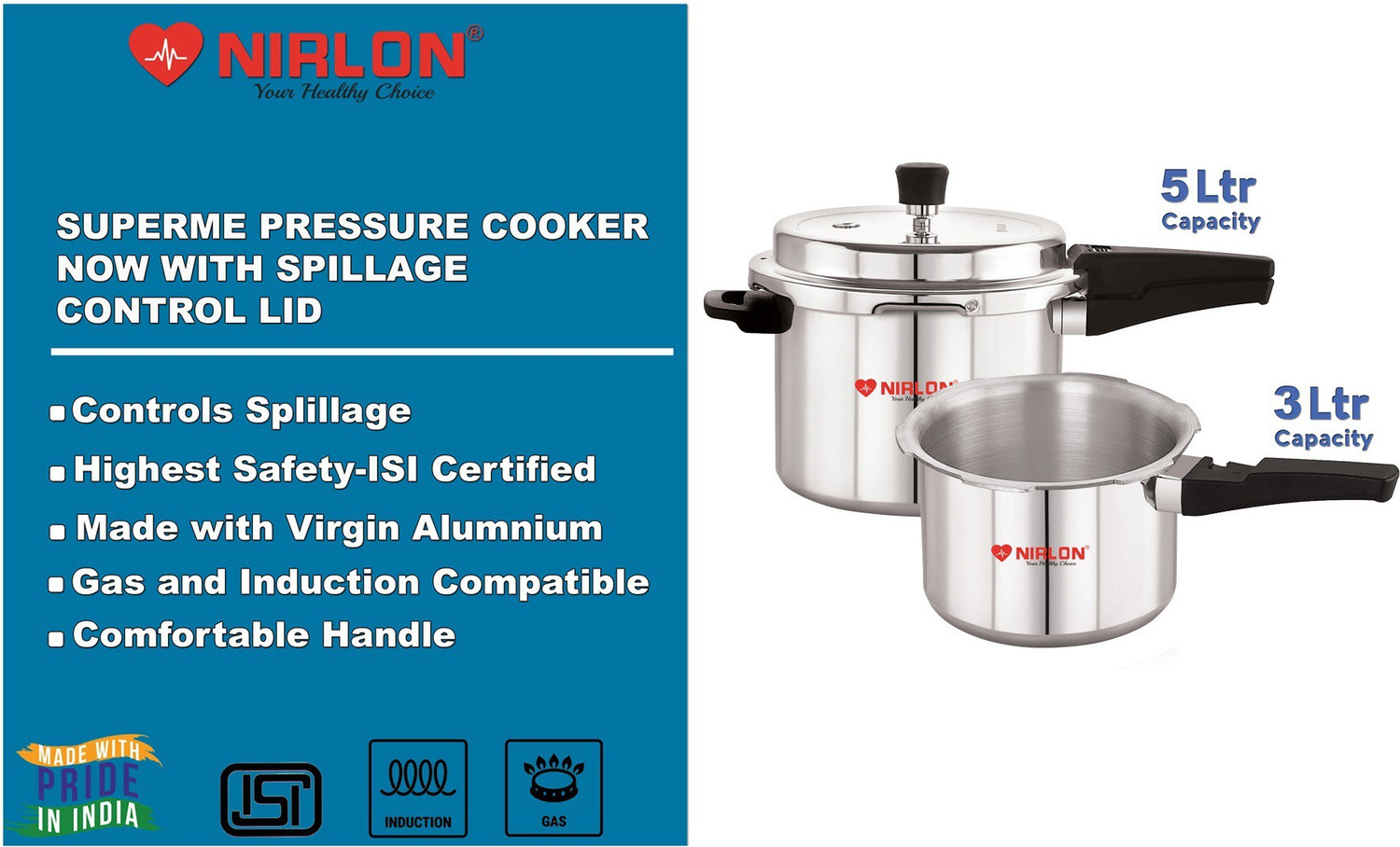 Image of NIRLON Supreme cooker 3 L, 5 L Induction Bottom Pressure Cooker (Aluminium)