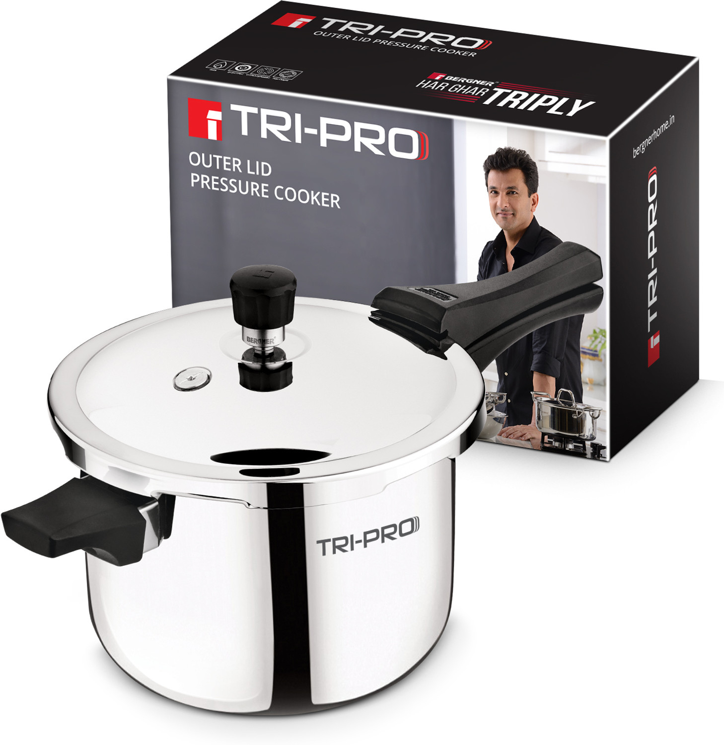 Image of BERGNER TriPro Triply Stainless Steel 5 L Outer Lid Pressure Cooker, Bakelite Handle, 5 L Outer Lid Induction Bottom Pressure Cooker