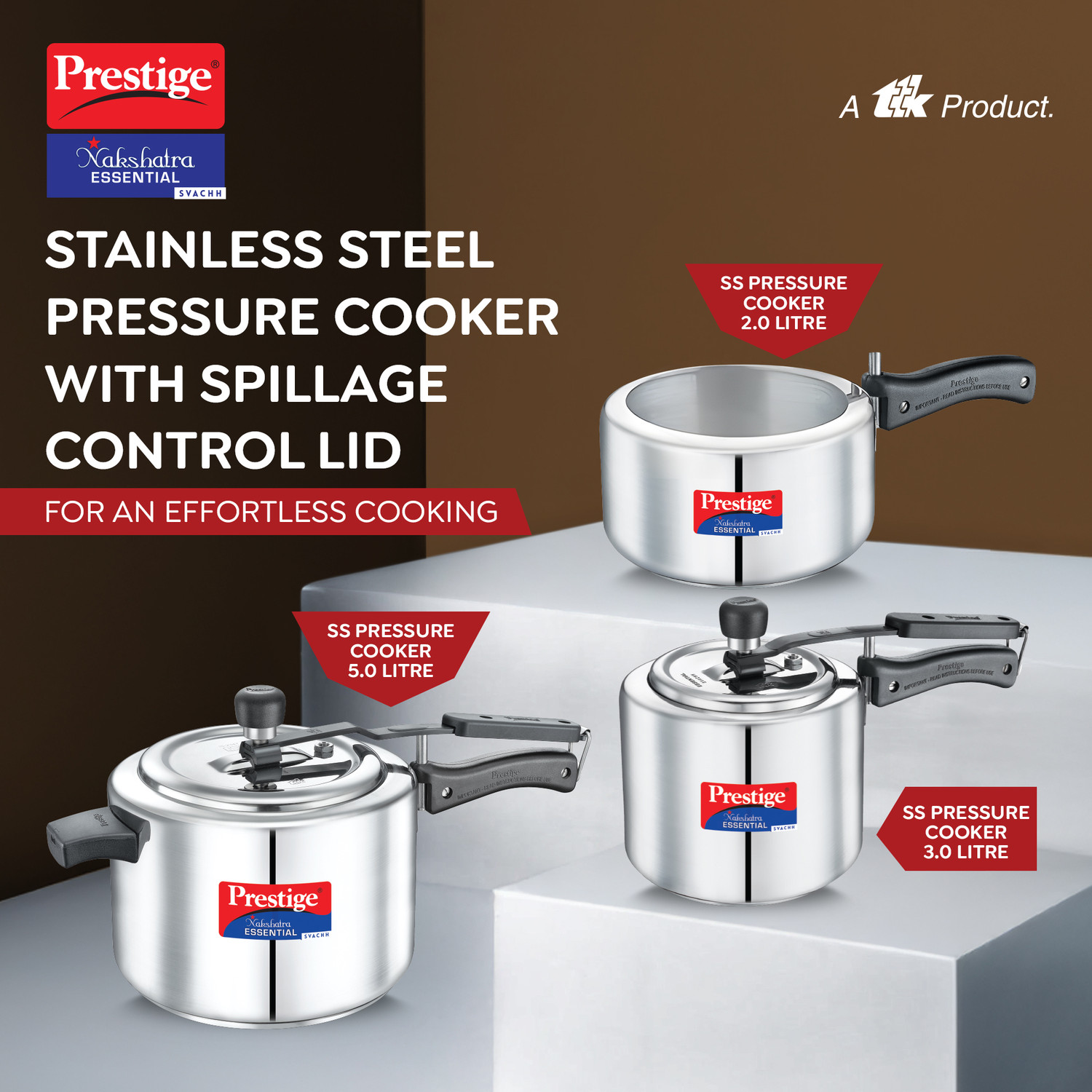 Image of Prestige Nakshatra Essential 5 L, 3 L, 2 L Inner Lid Induction Bottom Pressure Cooker