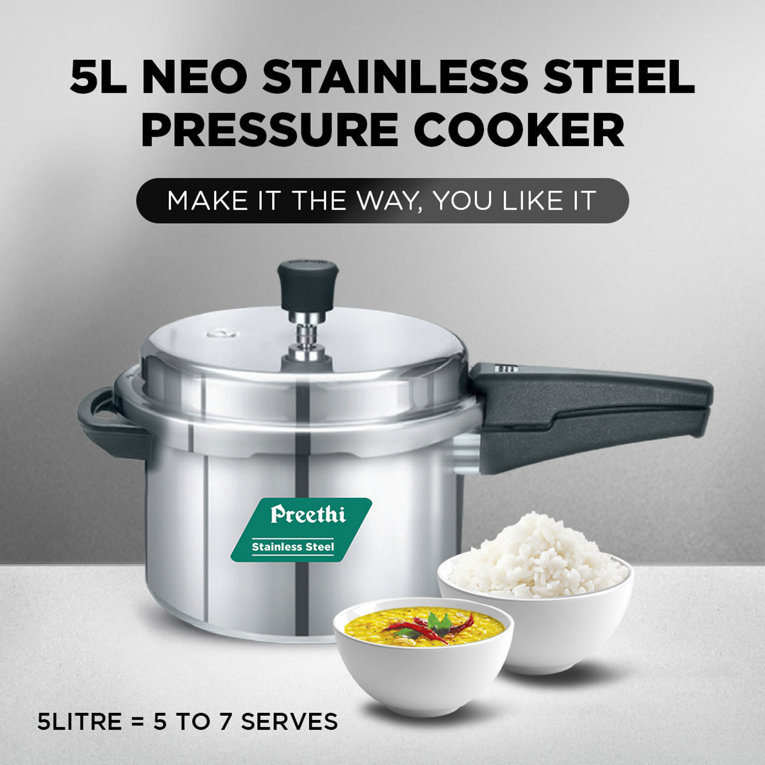 Image of Preethi Neo 5L Stainless Steel Outerlid Pressure Cooker (PC 018) 5 L Outer Lid Induction Bottom Pressure Cooker