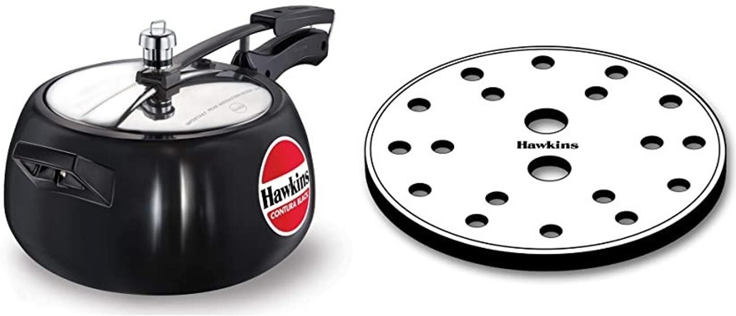 Image of Hawkins Contura Black Aluminium Cooker With SS Grid 17 cms 5 L Inner Lid Pressure Cooker