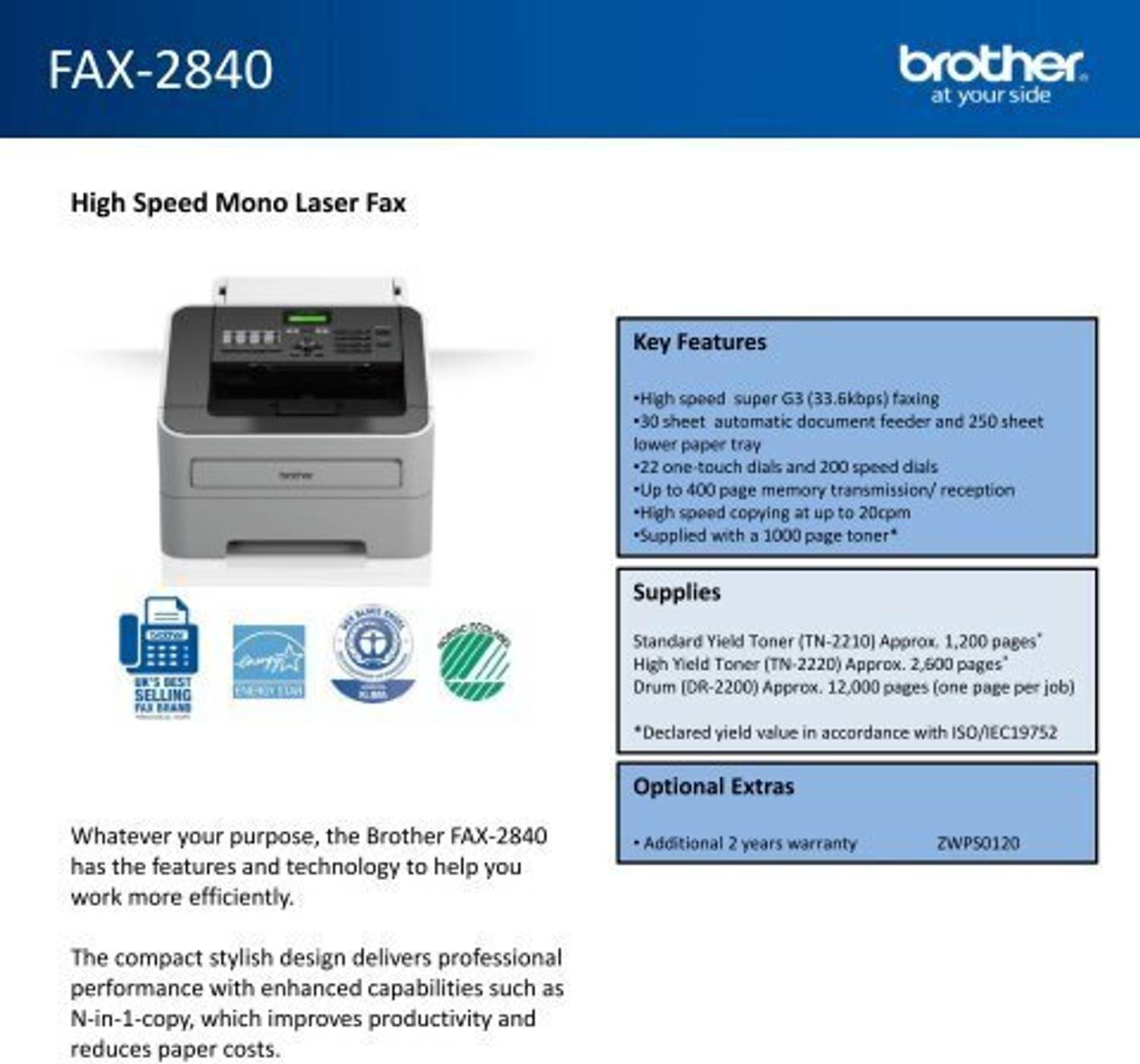 brother FAX 2840 MULTI FUNCTION PRINTER Multi-function Monochrome Laser Printer