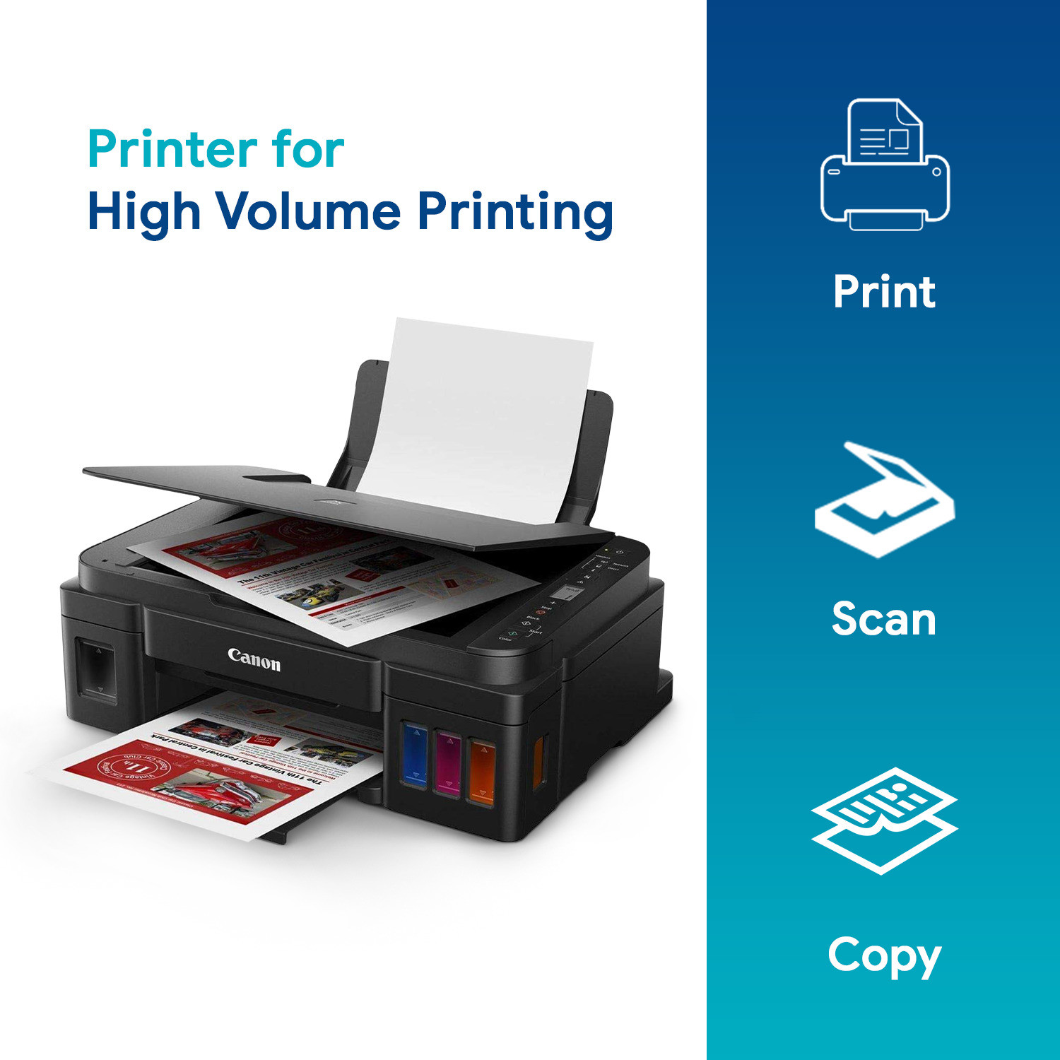 Image of Canon PIXMA MegaTank /Ink Efficient G2012 Multi-function Color Ink Tank Printer (Color Page Cost: 0.32 Rs. | Black Page Cost: 0.09 Rs.) with 2 additional Black