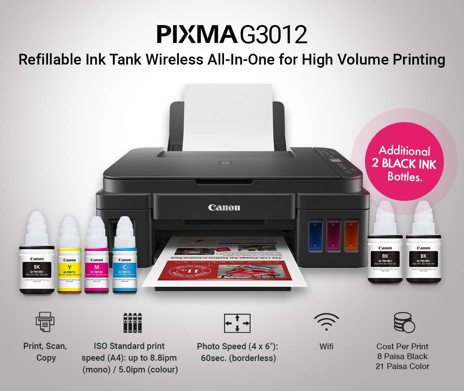 Image of Canon PIXMA Ink Efficient G3012 With 2 Extra Black Ink Bottle Multi-function WiFi Color Ink Tank Printer