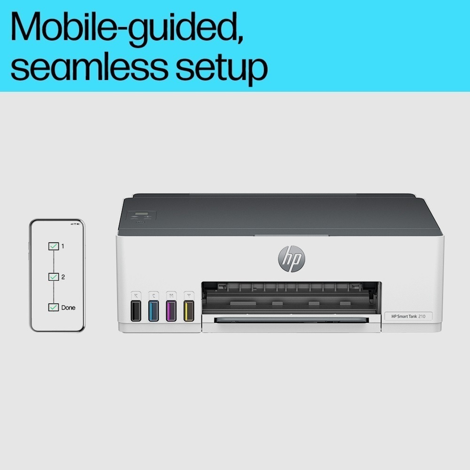 Image of HP Smart Tank 210 Single Function WiFi Color Ink Tank Printer with 1 Extra Black Ink Bottle and Up to 8000 Black & 6000 Pages of Ink in box