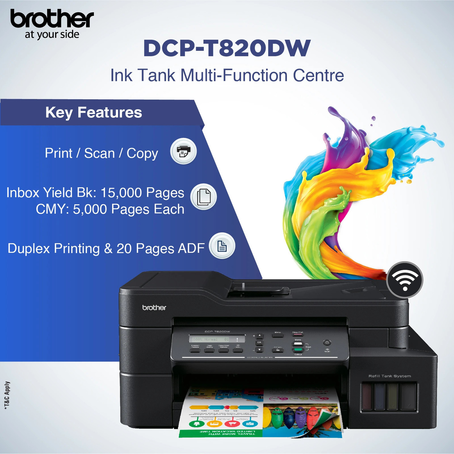 Image of brother DCP-T820DW Multi-function WiFi Color Ink Tank Printer with Auto Duplex feature ideal for Home & Office Usage
