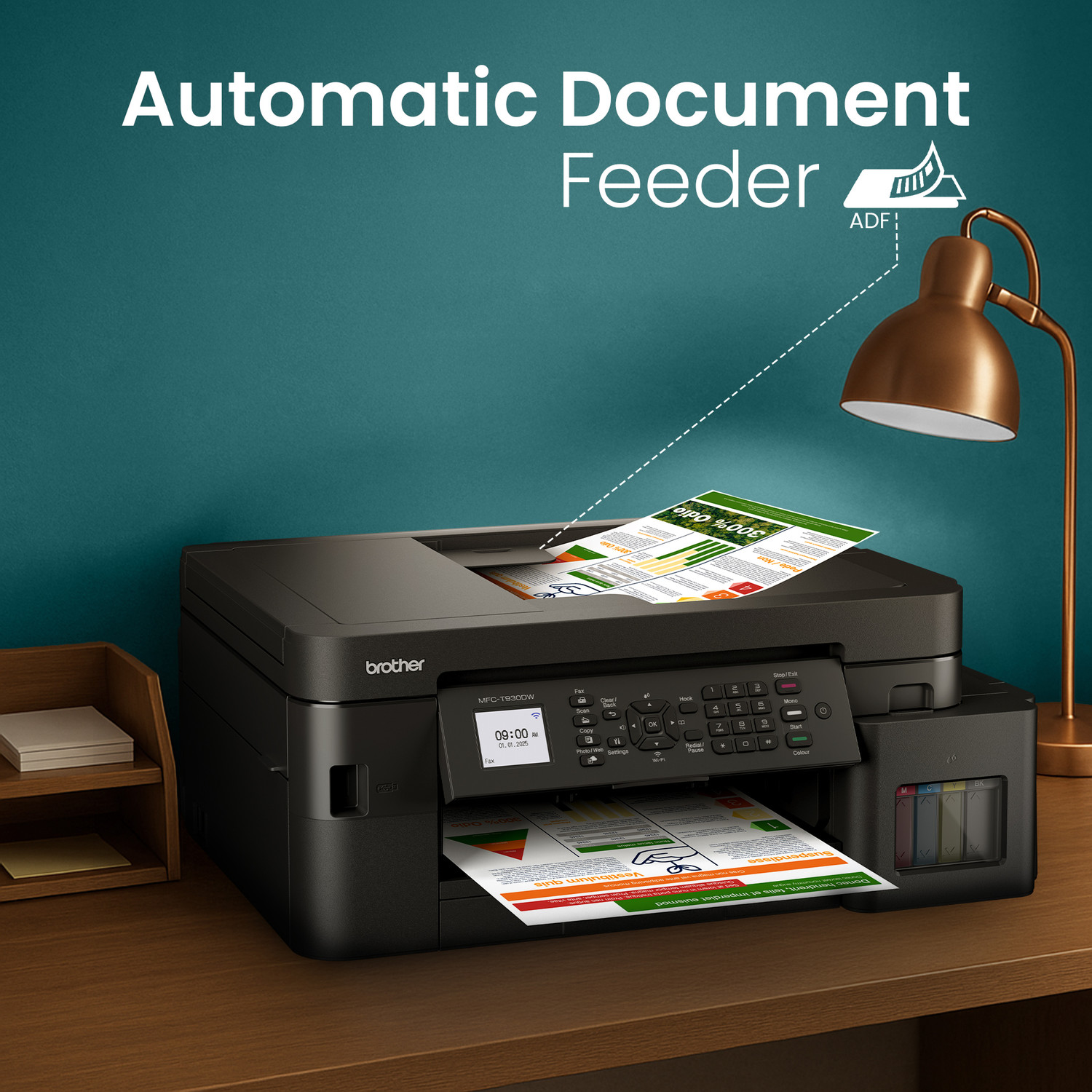 Image of brother MFC-T930DW Multi-function WiFi Color Ink Tank Printer (Borderless Printing) for Print /Copy /Scan with ADF Printer, 128 MB Memory, Print Pages Upto 15K in Black & 5K in Color Each (CMY), Auto Duplex 2-Sided Printer