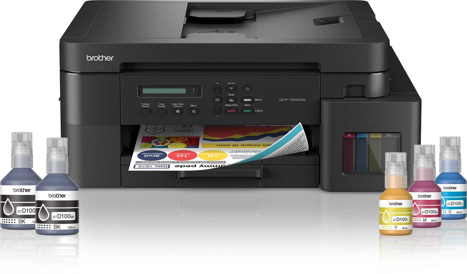 brother DCP-T830DW Multi-function WiFi Color Ink Tank Printer (Color Page Cost: 0.25 Rs. | Black Page Cost: 0.08 Rs. | Borderless Printing) Print, Copy & Scan, Auto Duplex, ADF Supported, Yield: Up to 15,000 Black / 5,000 Color Pages, LAN Connectivity, 80 Sheet Mp Tray