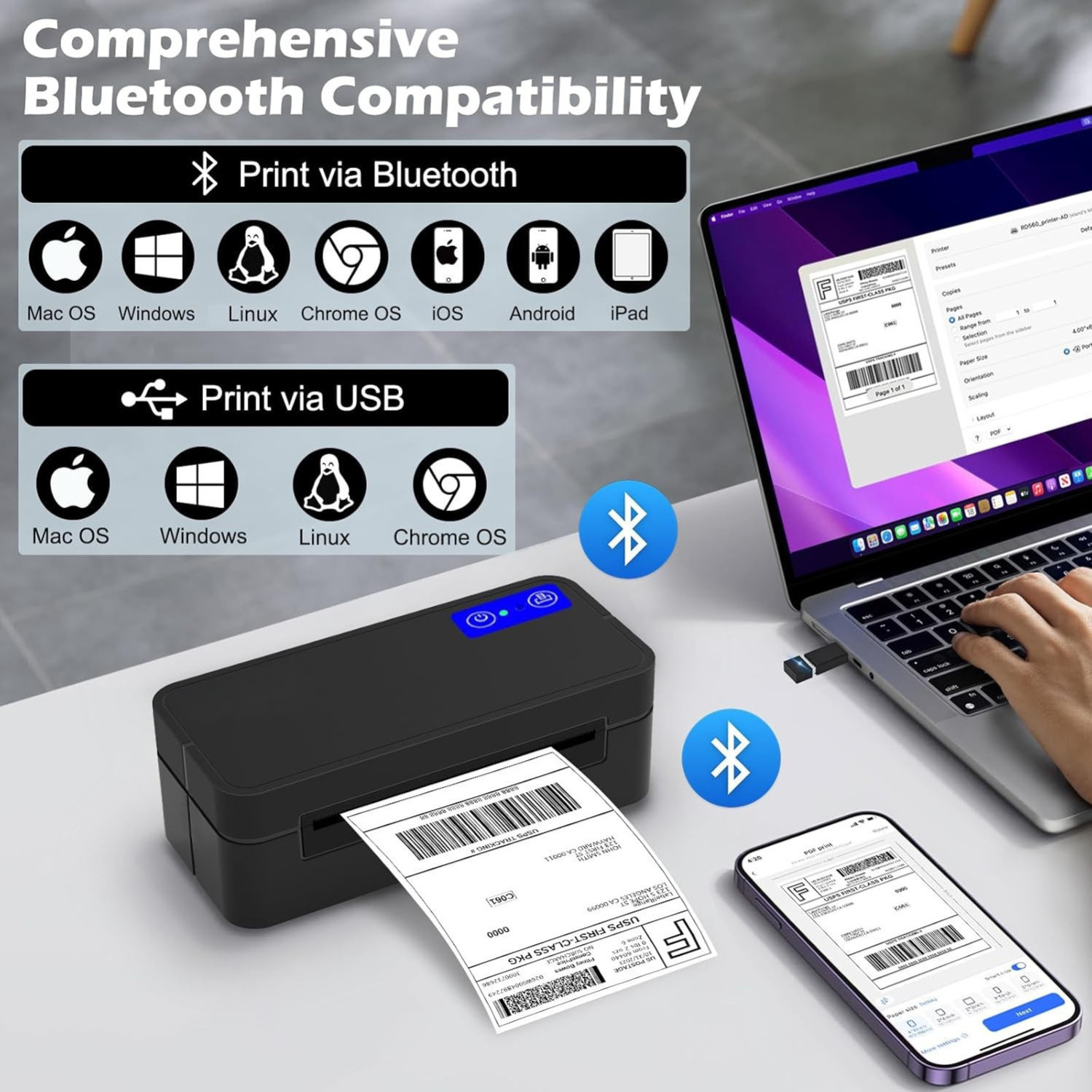 Image of OnlyU Bluetooth Thermal Printer 4x6 inch Barcode Shipping Label Printer| Multi-function Monochrome Thermal Transfer Printer