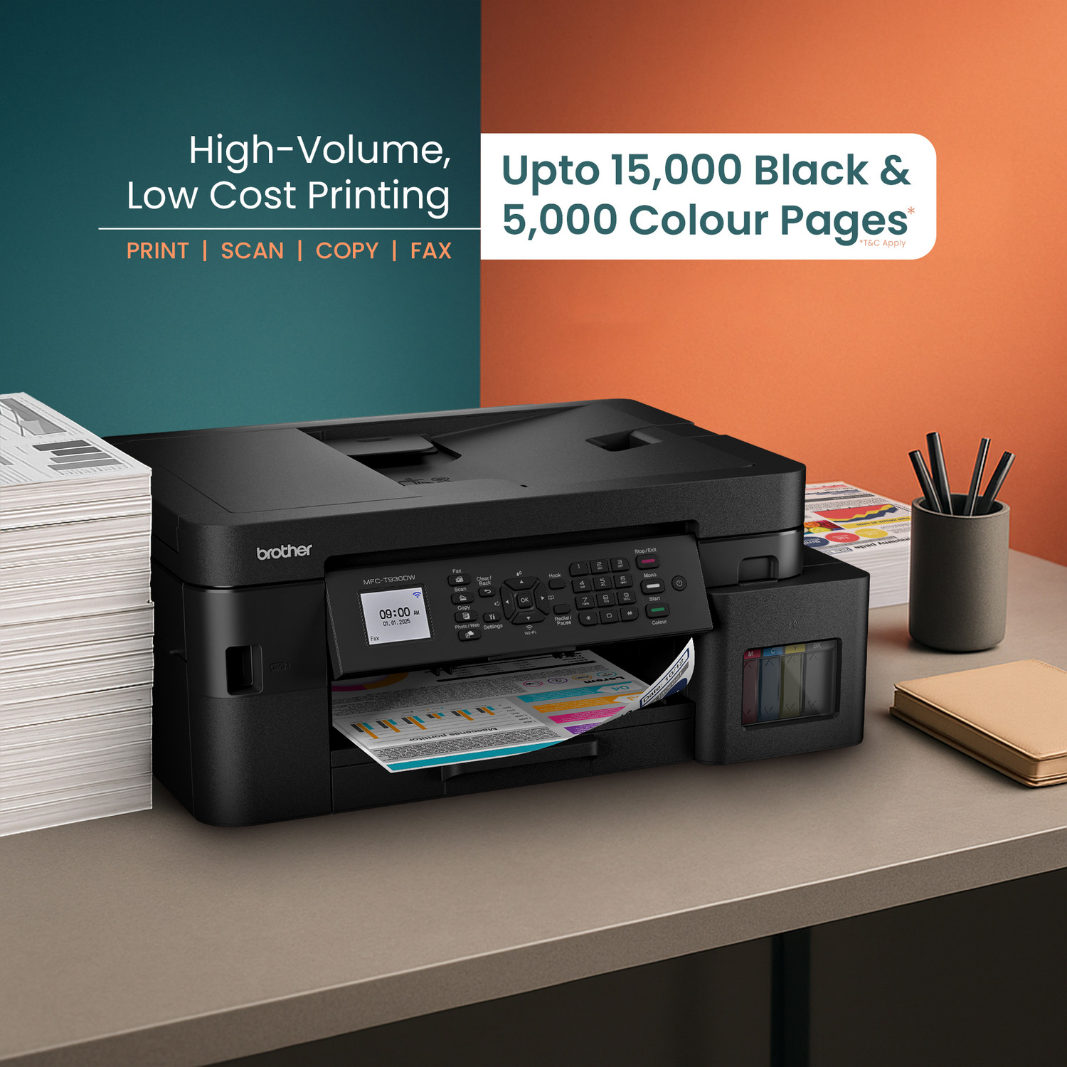 Image of brother MFC-T930DW Multi-function WiFi Color Ink Tank Printer (Borderless Printing) for Print /Copy /Scan with ADF Printer, 128 MB Memory, Print Pages Upto 15K in Black & 5K in Color Each (CMY), Auto Duplex 2-Sided Printer