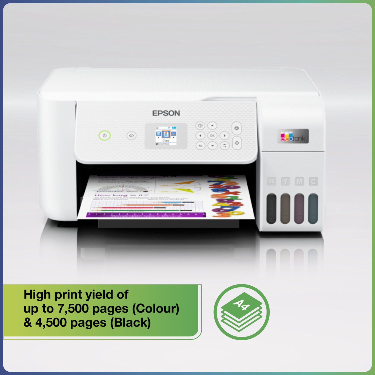 Image of Epson Eco L3266 Multi-function WiFi Color Ink Tank Printer (Color Page Cost: 24 Paise | Black Page Cost: 9 Paise | Borderless Printing) with Micro Piezo Heat Free Technology & 3.6 cm color LCD Screen