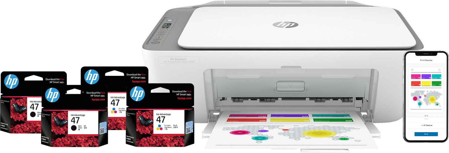 Image of HP Deskjet Ink advantage Ultra 4826 All-in-one Multi-function WiFi Color Inkjet Printer (Color Page Cost: 81 Paise | Black Page Cost: 44 Paise) with Copy, Scan, 2 Sets of Inbox Cartridges, Smart App Setup
