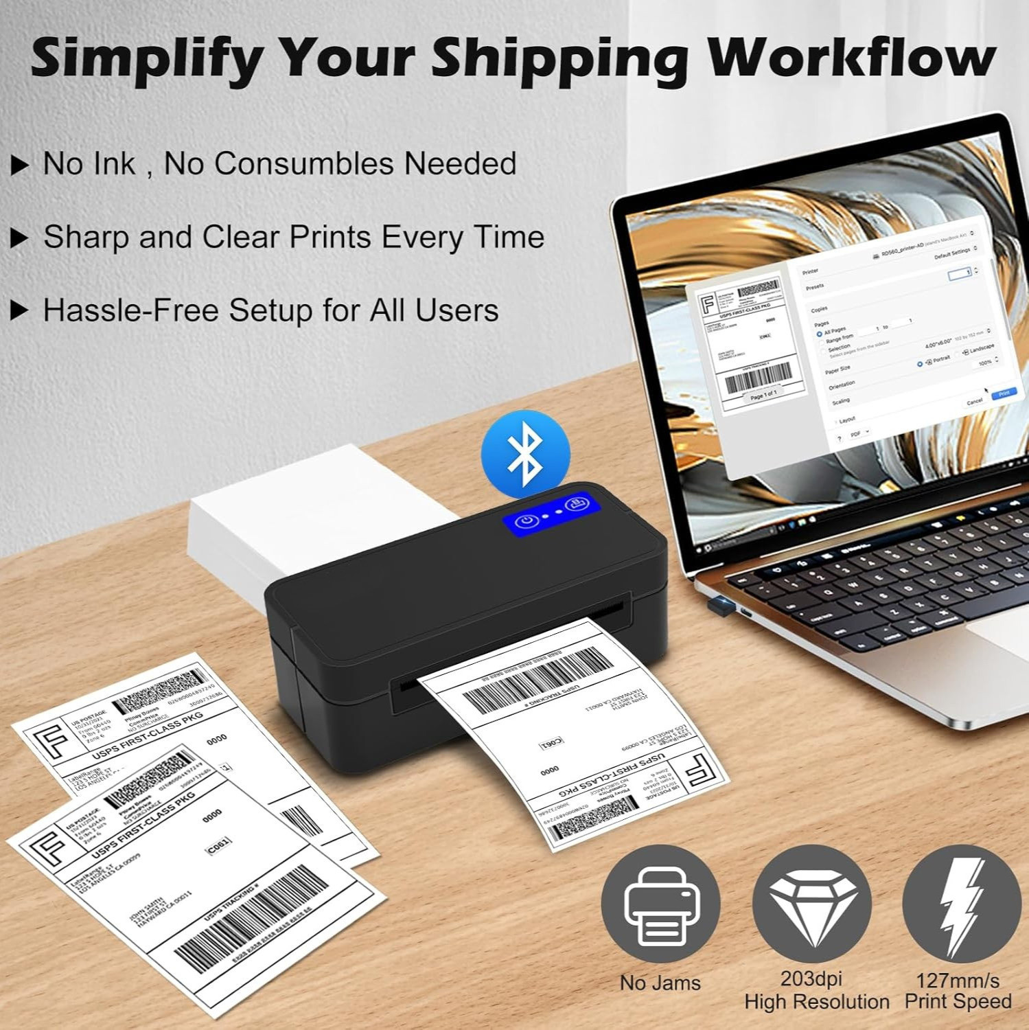 Image of OnlyU Bluetooth Thermal Printer 4x6 inch Barcode Shipping Label Printer| Multi-function Monochrome Thermal Transfer Printer