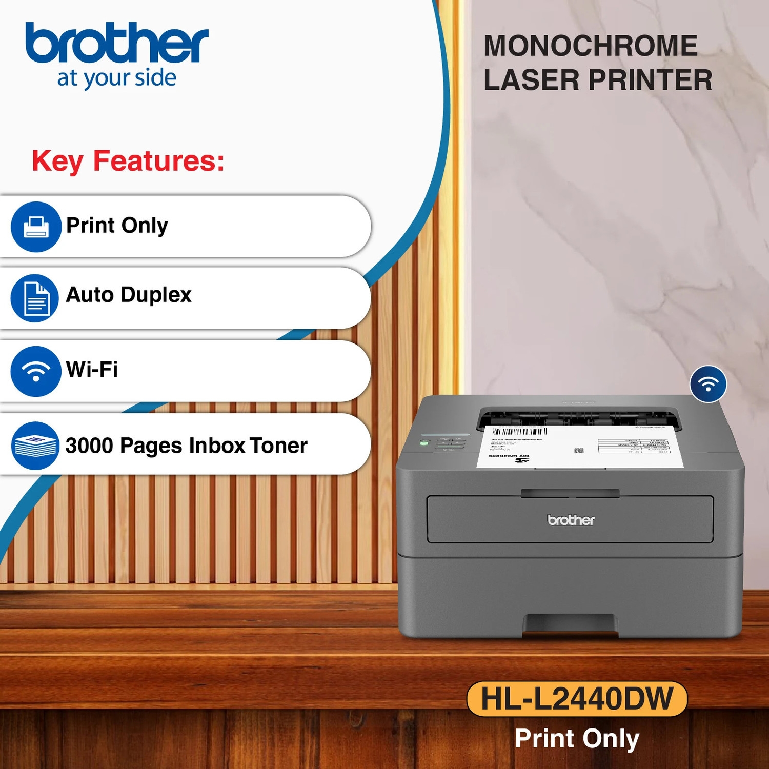 Image of brother HL-L2440DW Single Function WiFi Monochrome Laser Printer with Auto Duplex Feature & with Up to 3000 Pages of Black Ink Toner in the box