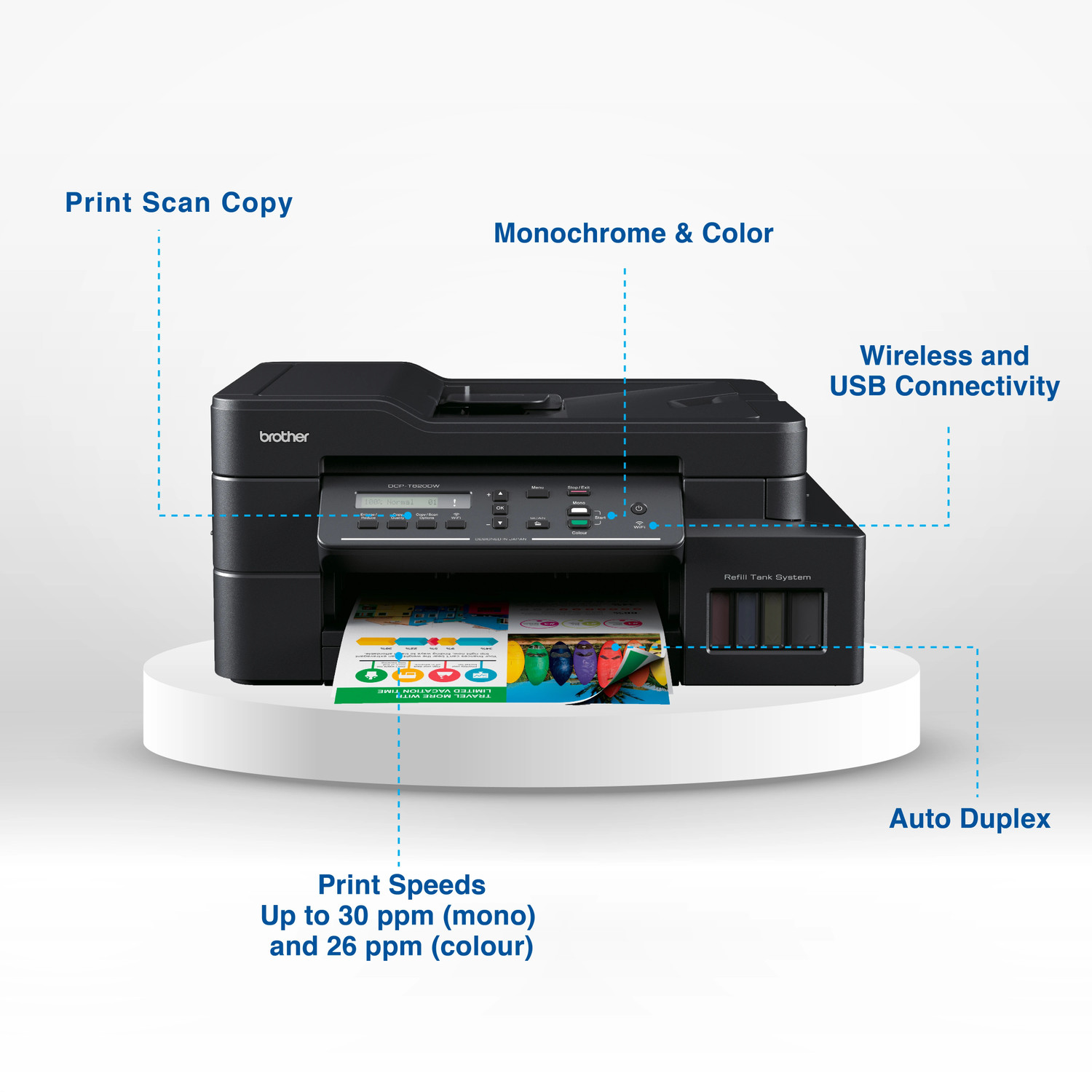 Image of brother DCP-T820DW Multi-function WiFi Color Ink Tank Printer with Auto Duplex feature ideal for Home & Office Usage