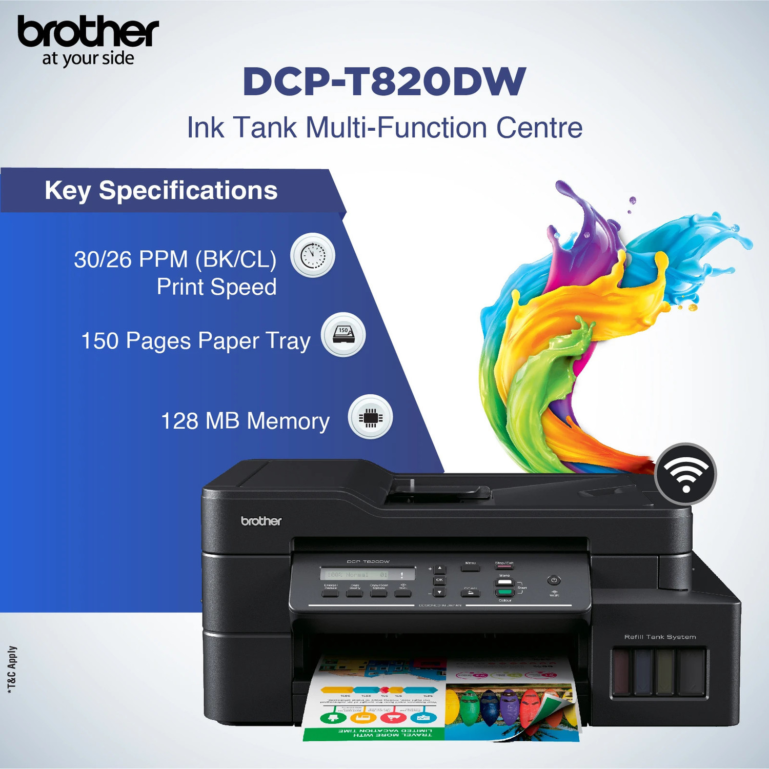 Image of brother DCP-T820DW Multi-function WiFi Color Ink Tank Printer with Auto Duplex feature ideal for Home & Office Usage