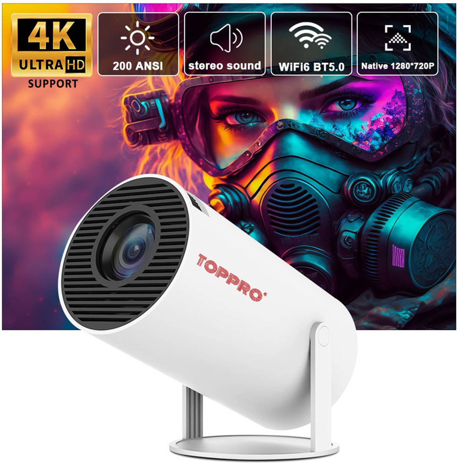 TOPPRO HY300 PRO+ 4K Support Native HD Android 11 WiFi 6/BT 5.0 Freestyle Auto Keystone (4500 lm / 1 Speaker / Wireless / Remote Controller) Portable Projector
