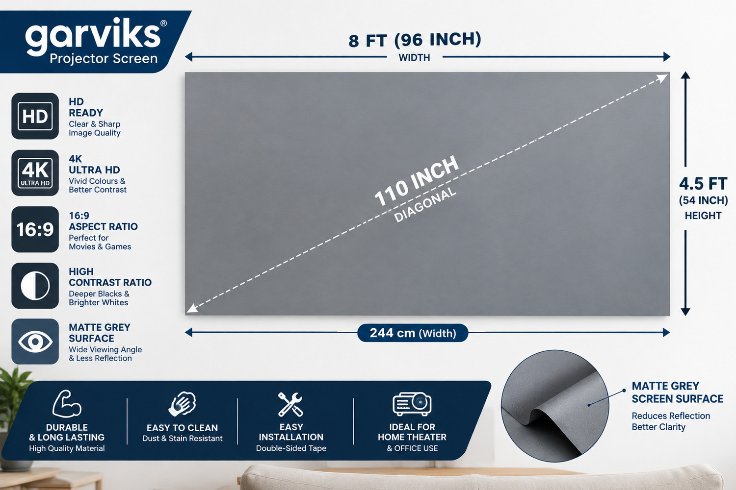 Image of GARVIKS Grey Projector Screen 110 Inch,16:9 Ratio, 244 (W) x 137 (H)CM, for Home office Projector Screen (Width 244 cm x 137 cm Height)