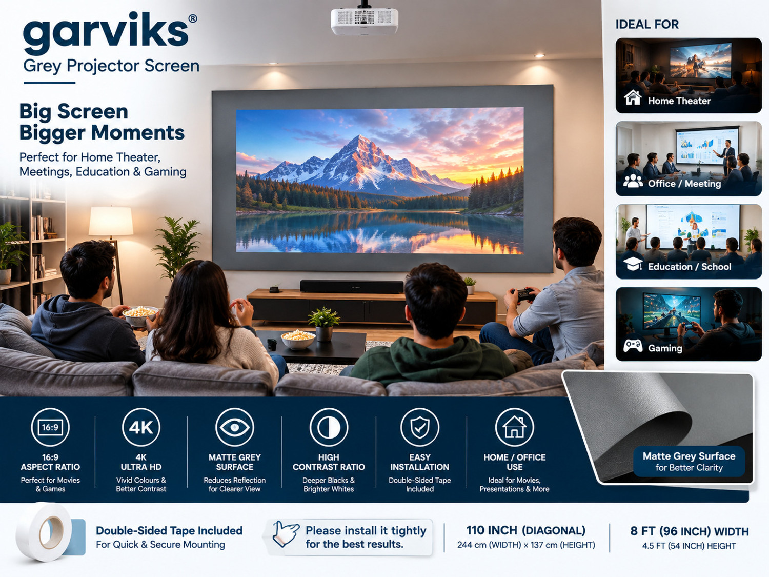 Image of GARVIKS Grey Projector Screen 110 Inch,16:9 Ratio, 244 (W) x 137 (H)CM, for Home office Projector Screen (Width 244 cm x 137 cm Height)