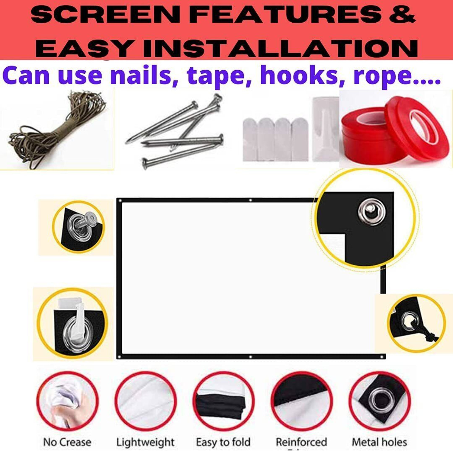 Image of Spline 150 inch Projector Screen,4K HD 16:9 Portable (131 inch Inch (W) x 74 inch Inch (H) Projector Screen (Width 332 cm x 187 cm Height)