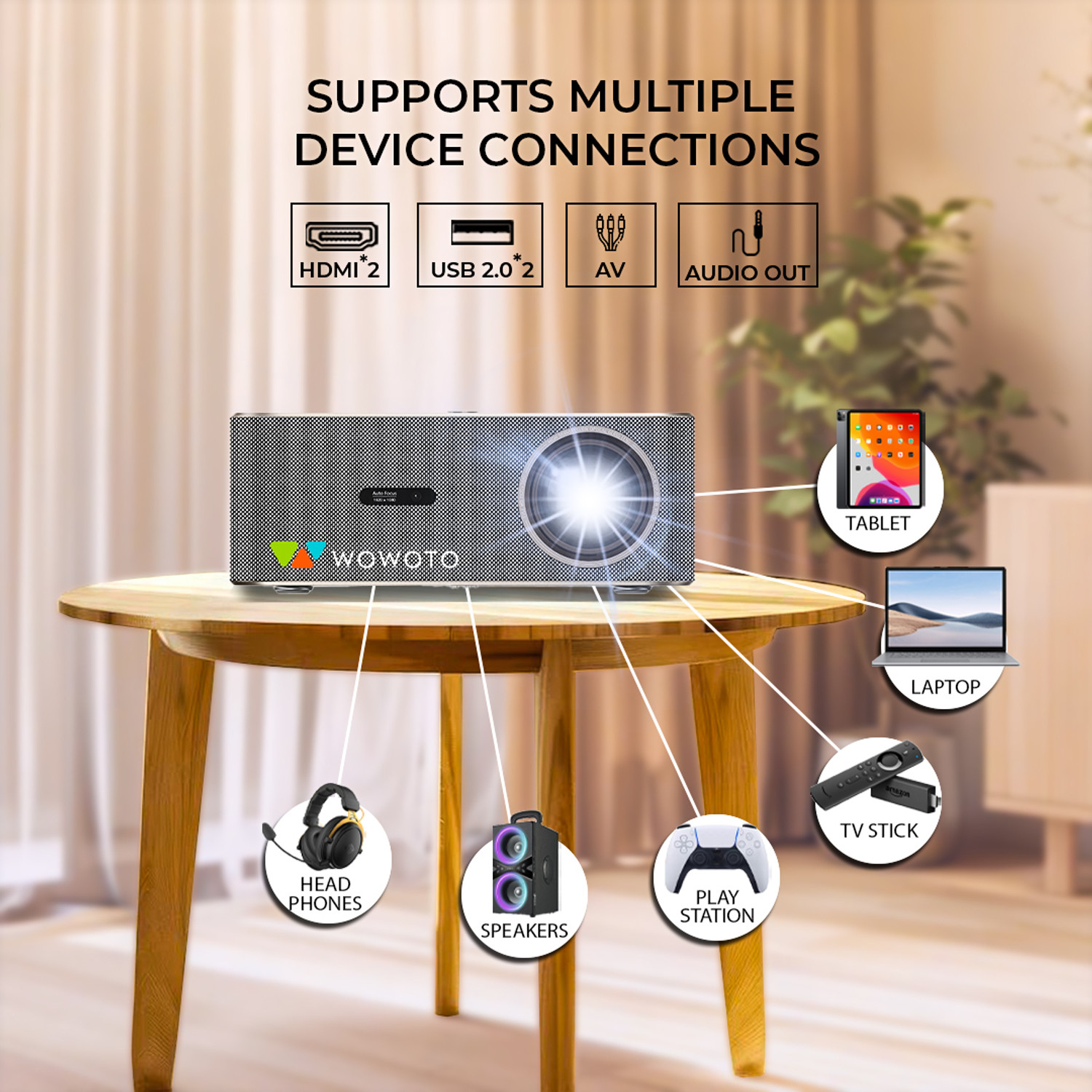 Image of WOWOTO Storm Android 1080P, 300'' Display, WiFi & BT 5.0, 100-50% Zoom, 1+8 GB (15000 lm / 1 Speaker / Wireless / Remote Controller) Portable Projector (Grey)