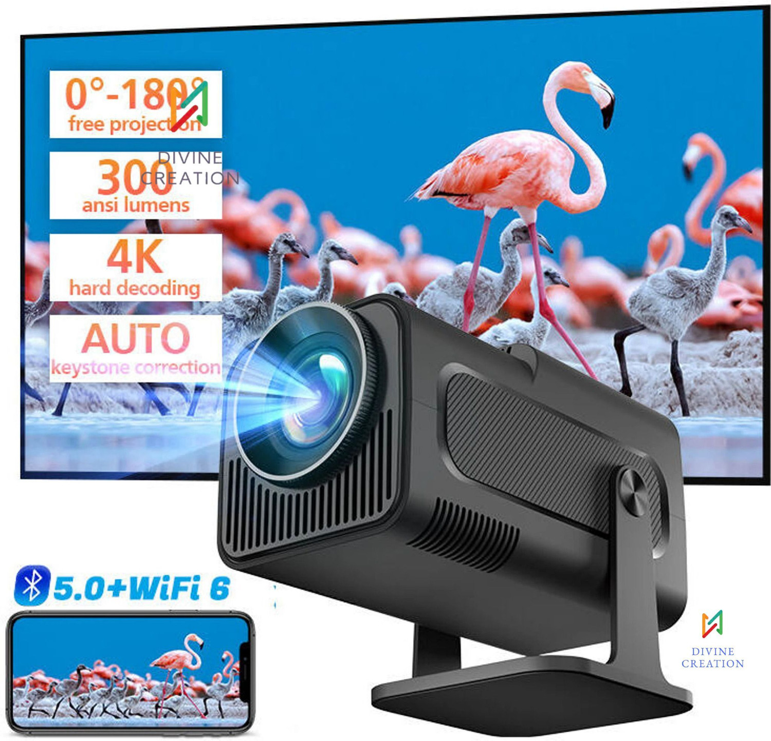 Image of ENKART HY320 Mini 4K Support Smart Android 13 Projector with WiFi 6 HD Home Theater D98 (5000 lm / Wireless / Remote Controller) Portable Projector