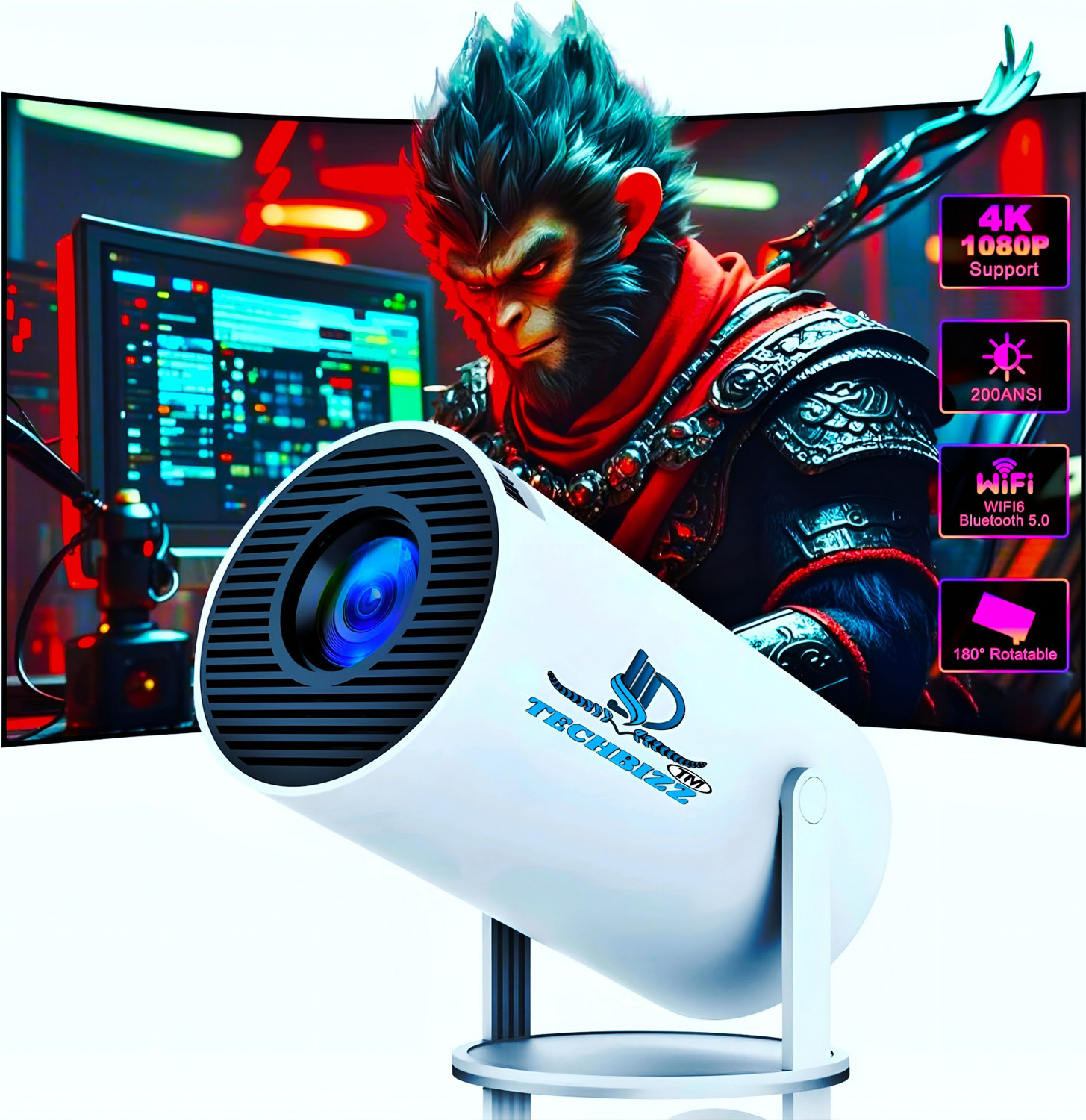 Image of TECHBIZZ HY 300 ULTRA,SMART HOME ANDROID,PLAYSTORE, 4K SUPPORT 1080P NATIVE RESOLUTION (8400 lm / 1 Speaker / Wireless / Remote Controller) Portable Projector