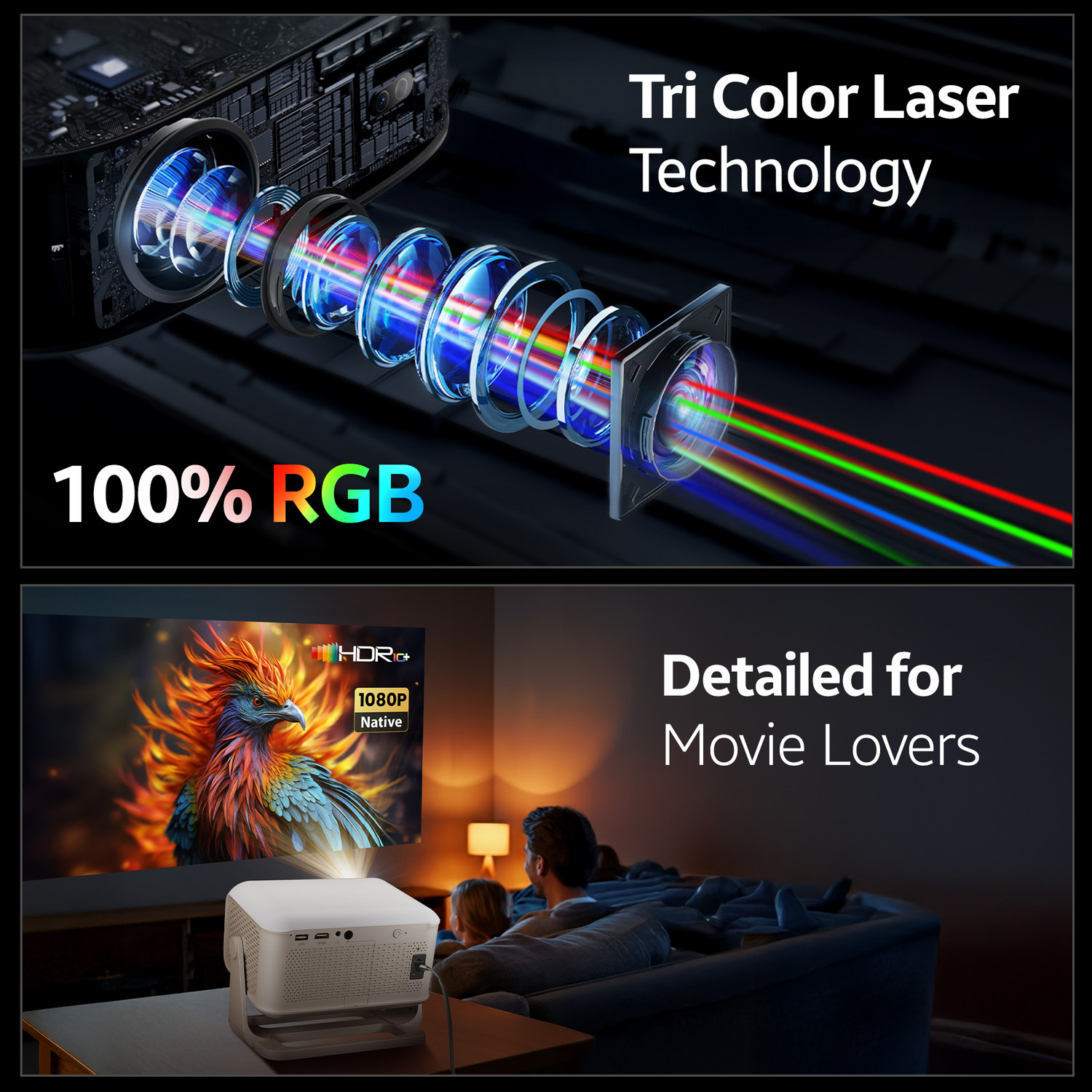 Image of CrossBeats LumeX Cine (16000 lm / 1 Speaker / Wireless / Remote Controller) Portable 1080p Native with 4K Ultra HD Support, Android OS, Built-in - Netflix, Prime, YouTube, Speaker, WiFi, 300-Inch Display, Mini Smart Home Projector