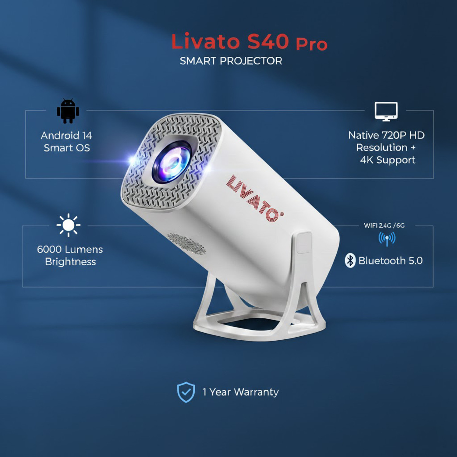 Image of Livato S40 Pro 1GB /8GB,4K Support Android 14 WiFi6 /BT5.0 Auto Keystone Projector (6000 lm / 1 Speaker / Wireless / Remote Controller) Portable Projector