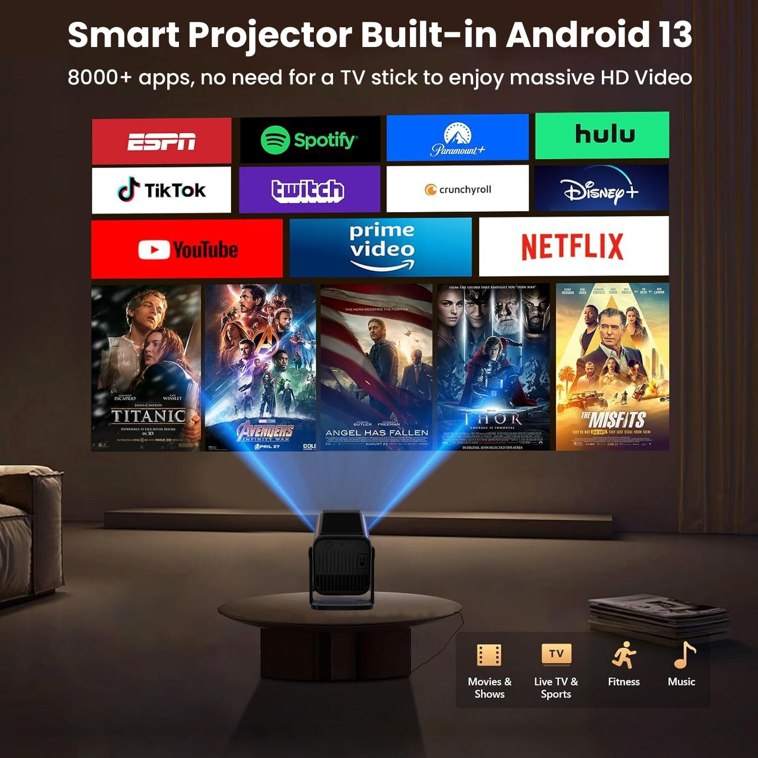 Image of Divine creation HY320 Mini 4K Support Smart Android 13 Projector with WiFi 6 HD Home Theater J10 (5000 lm / Wireless / Remote Controller) Portable Projector