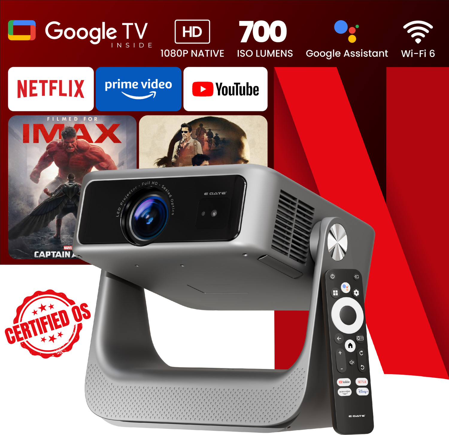Image of Egate Zen 7X Auto Projector,Google TV, Dustfree,Dolby Audio|1080p Native,Voice Remote (15000 lm / 1 Speaker / Remote Controller) Portable Built-in OTT Netflix, Prime, Hotstar Dual WiFi, Bluetooth 5.2, Home Theater Experience Projector