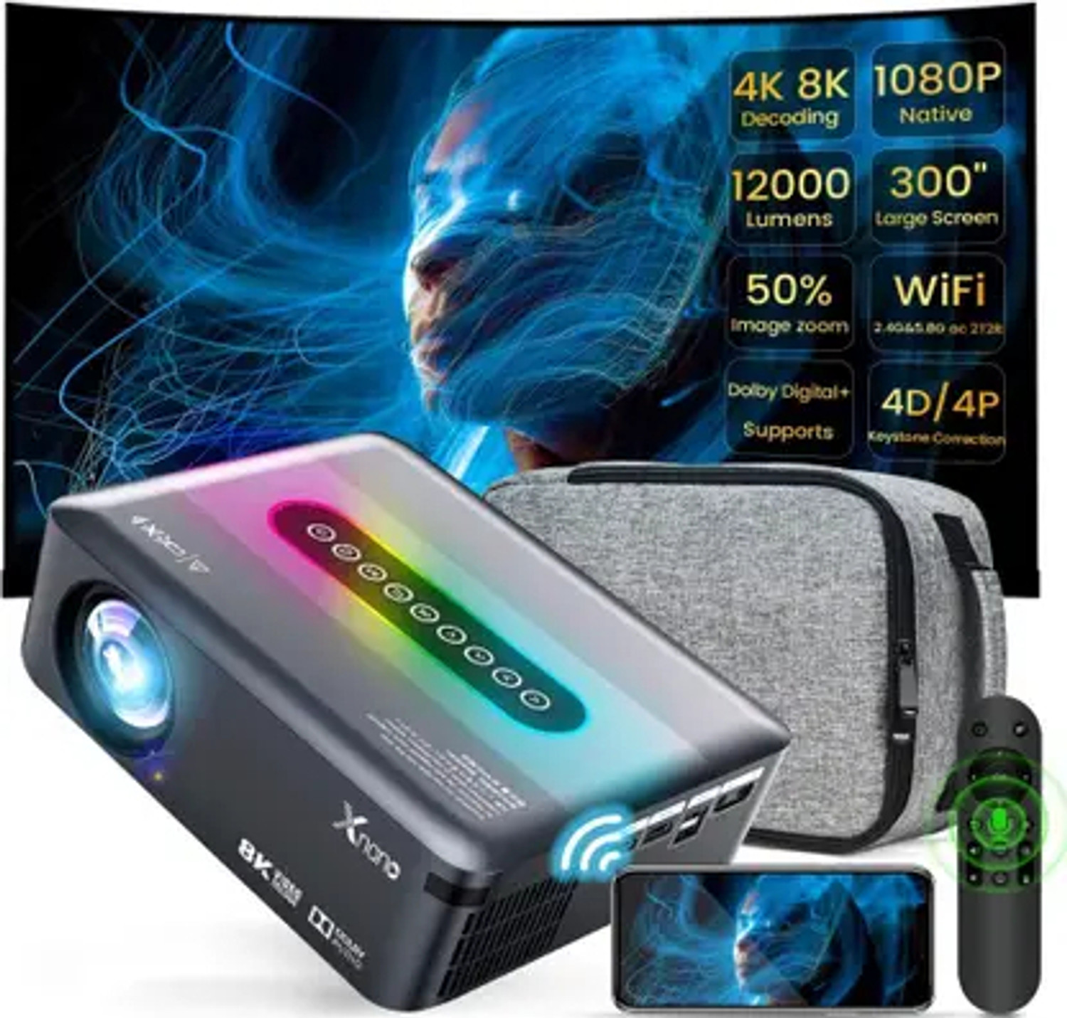 Image of Trending Store X1 Android 9.0 FullHD 2.4G /5G WiFi BT5.0 8K Support LED Projector Home Cinema (12000 lm / 2 Speaker / Wireless / Remote Controller) Portable Projector