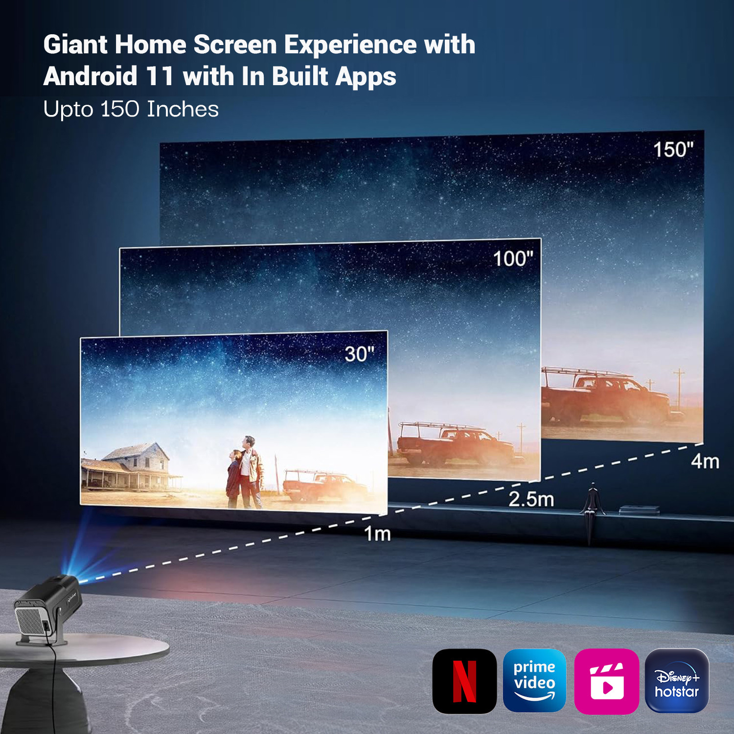 Image of Lifelong LightBeam Pro (4500 lm) Portable 1080p Native with 4K Support, Android 11, Wi-Fi V6, Built-in-Apps (Netfilx, Prime, Youtube) Smart Projector