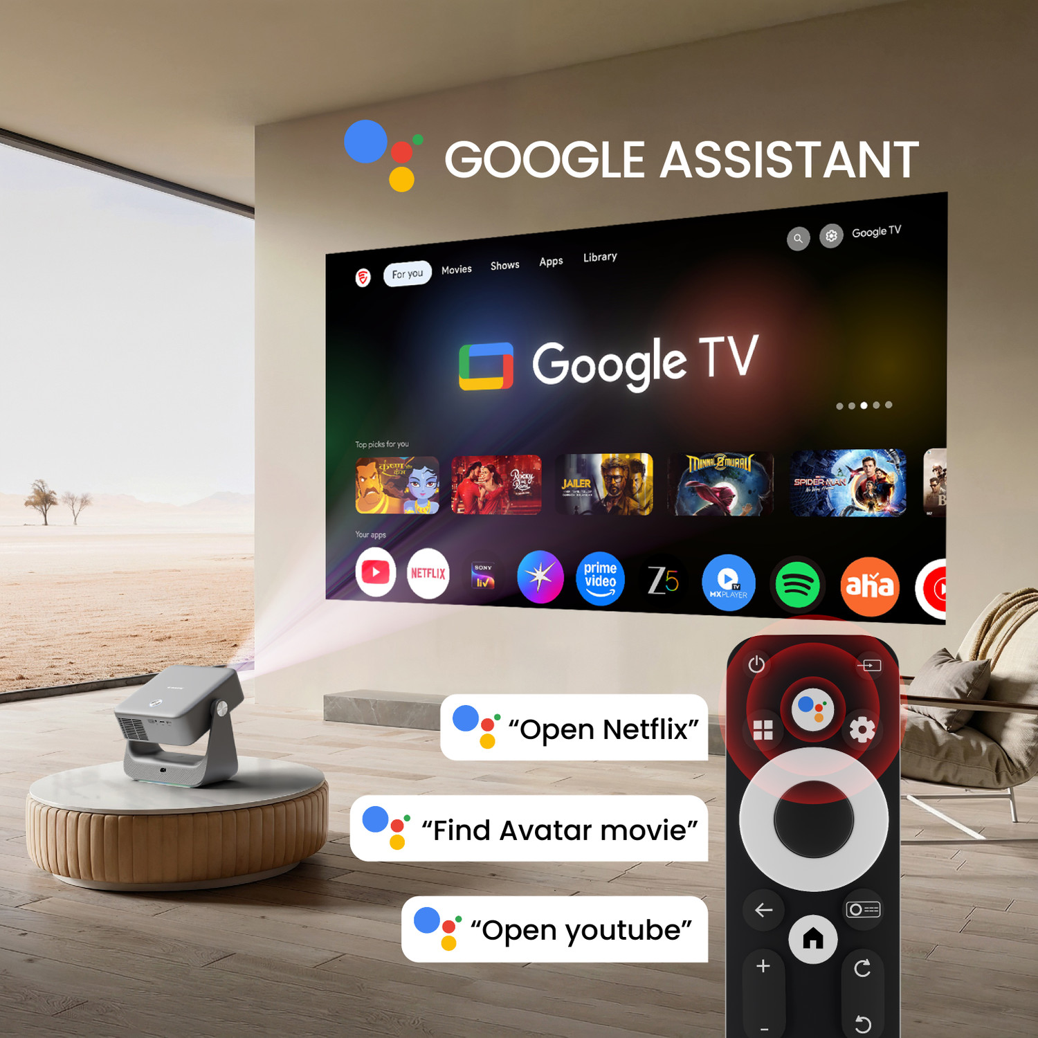 Image of Egate Zen 7X Auto Projector,Google TV, Dustfree,Dolby Audio|1080p Native,Voice Remote (15000 lm / 1 Speaker / Remote Controller) Portable Built-in OTT Netflix, Prime, Hotstar Dual WiFi, Bluetooth 5.2, Home Theater Experience Projector