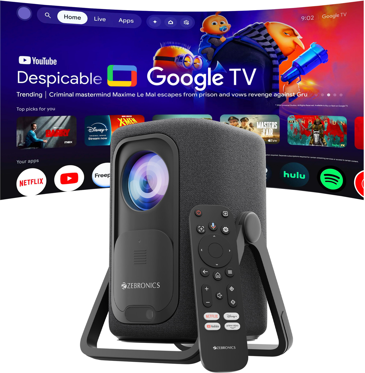 Image of ZEBRONICS Official Google TV Projector (7500 lm / Wireless / Remote Controller) Portable 4K Support, 200 Display, Auto Focus & Keystone, 270 Tilt, Portable Home Theater Cinema, Netflix, Prime, WiFi, BT, HDMI ARC (PixaPlay 77G) Projector