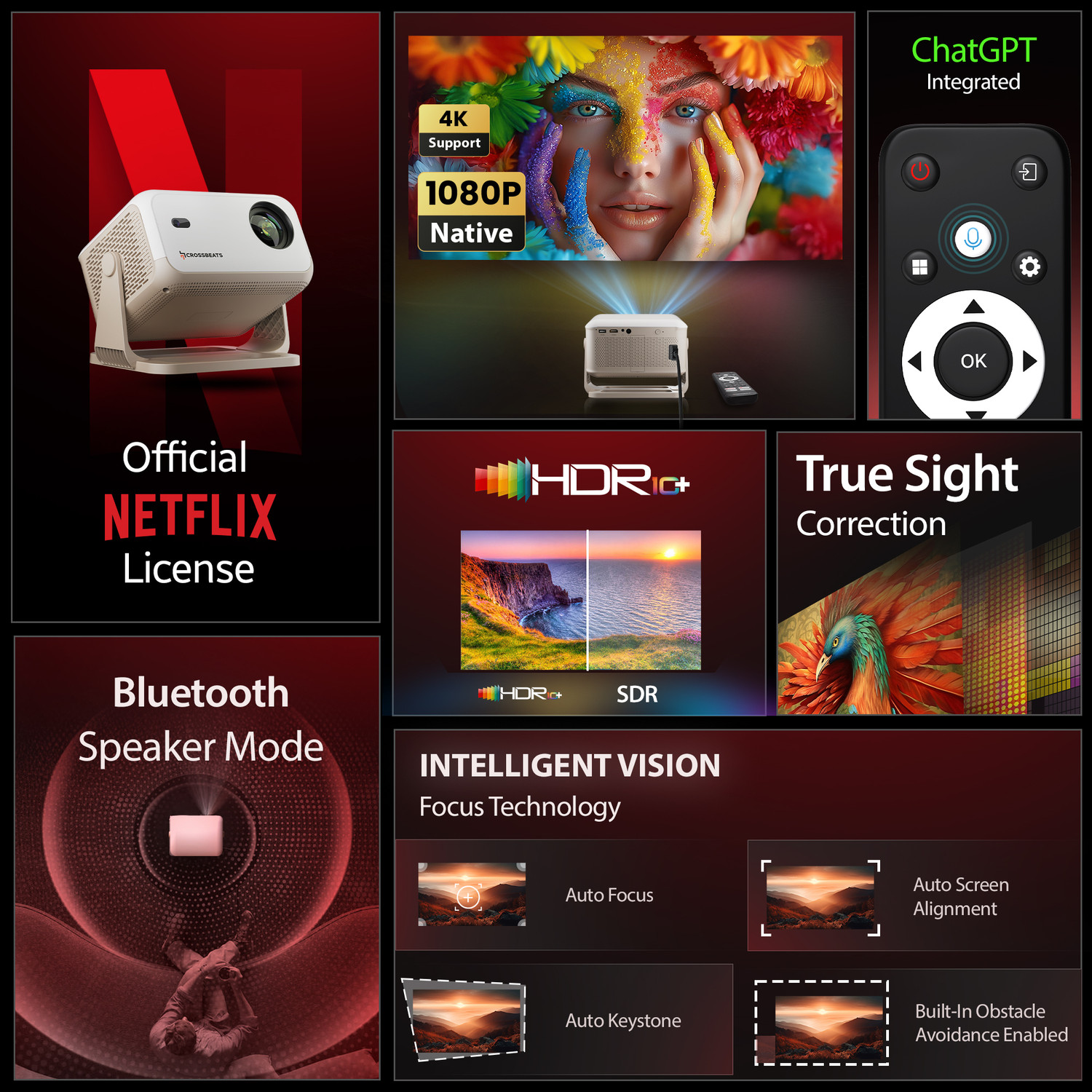 Image of CrossBeats Lume Flix[Netflix Official License]4k Ultra HD,1080p Native,Smart Mini for Room (16000 lm / 1 Speaker / Wireless / Remote Controller) Portable with Home Cinema, Built-in Apps, 300 inchDisplay Projector