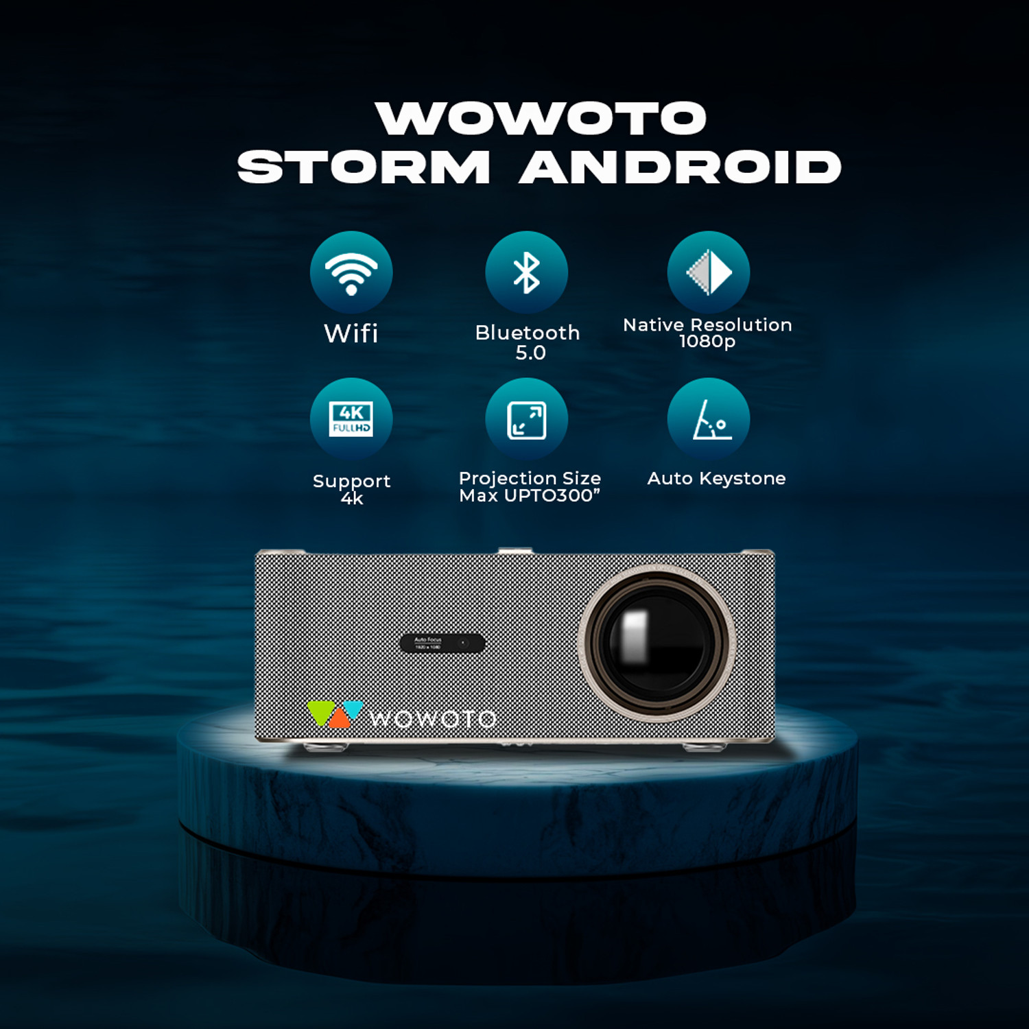 Image of WOWOTO Storm Android 1080P, 300'' Display, WiFi & BT 5.0, 100-50% Zoom, 1+8 GB (15000 lm / 1 Speaker / Wireless / Remote Controller) Portable Projector (Grey)