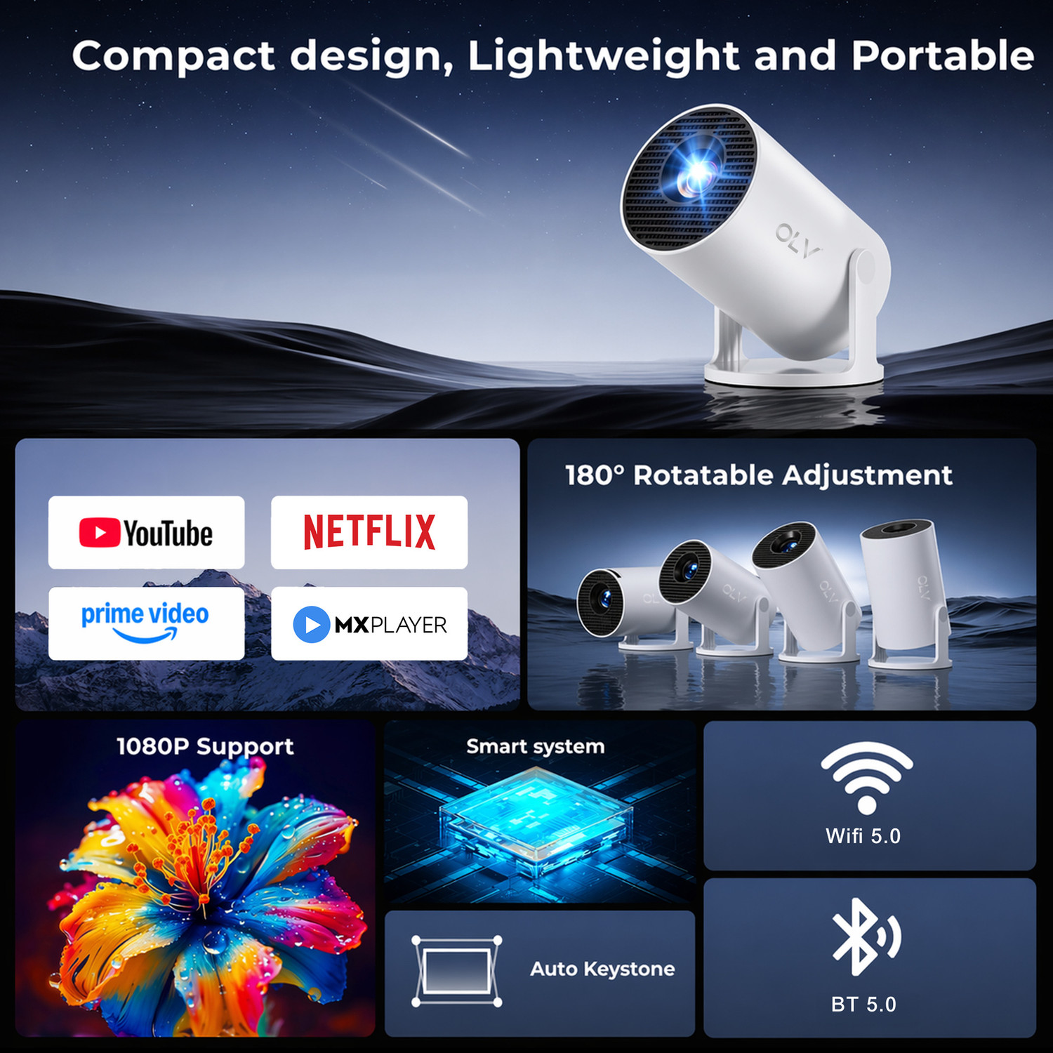 Image of OLV Portable Mini Projector, 4K 1080P Full Smart HD, WiFi 5G BT 5.0 with 180 rotate (6000 lm / Remote Controller) Portable Projector