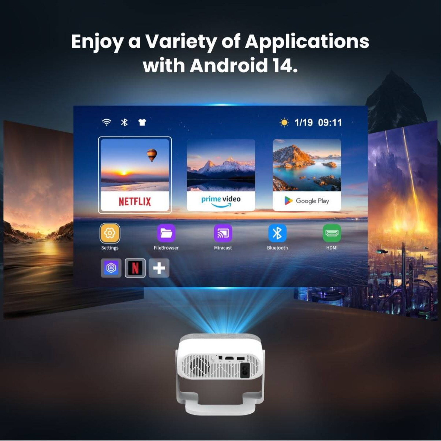 Image of TECHPANDA Smart Projector | Android 13 | 230 Rotate | WiFi 6 | Amlogic T950S Chip (6500 lm / 1 Speaker / Wireless / Remote Controller) Portable Projector