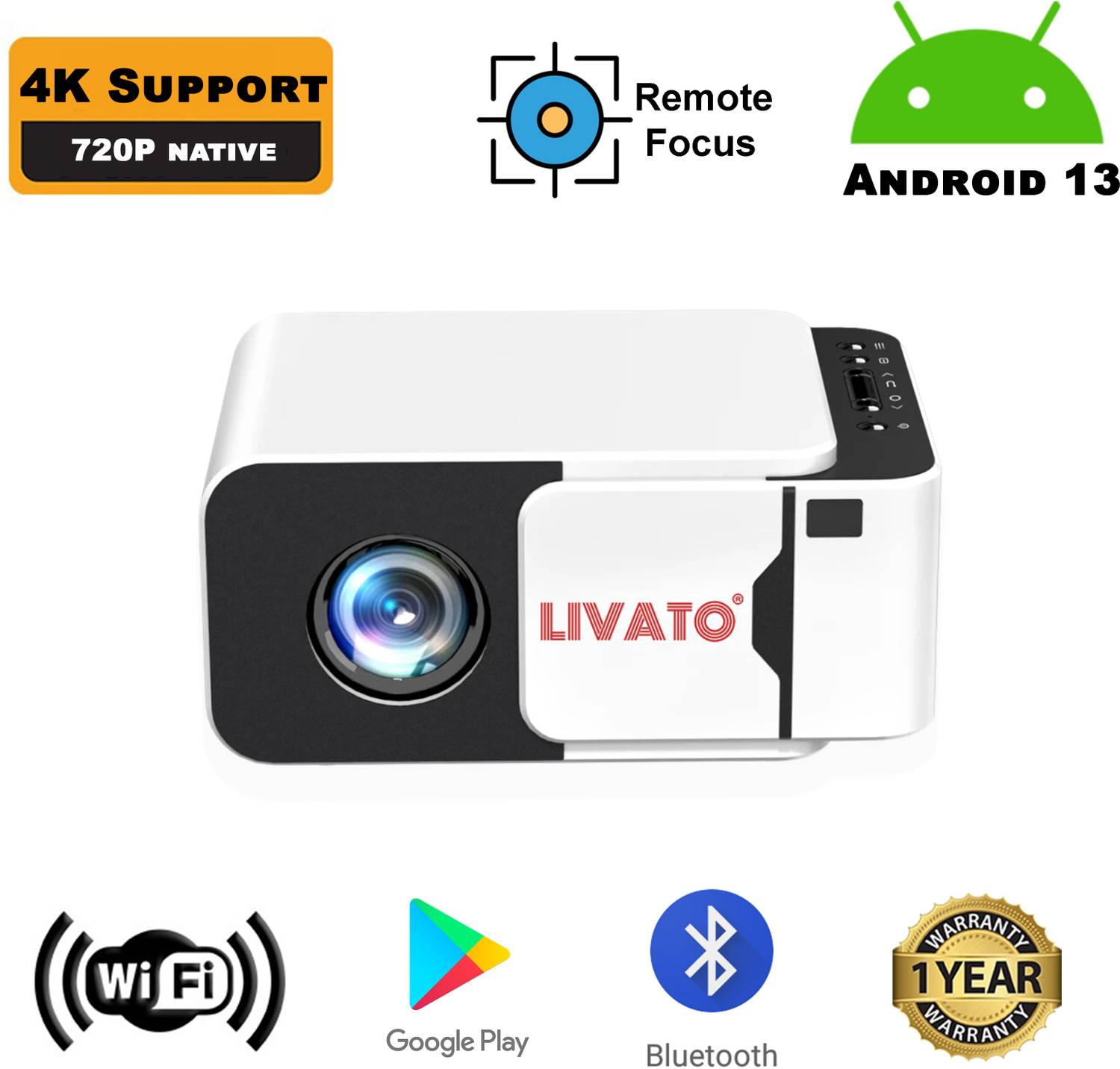 Livato T5 Android 13 4K Support Native 720P Remote Focus Wifi/Bluetooth/Auto Keystone (5000 lm / 1 Speaker / Wireless / Remote Controller) Portable Projector