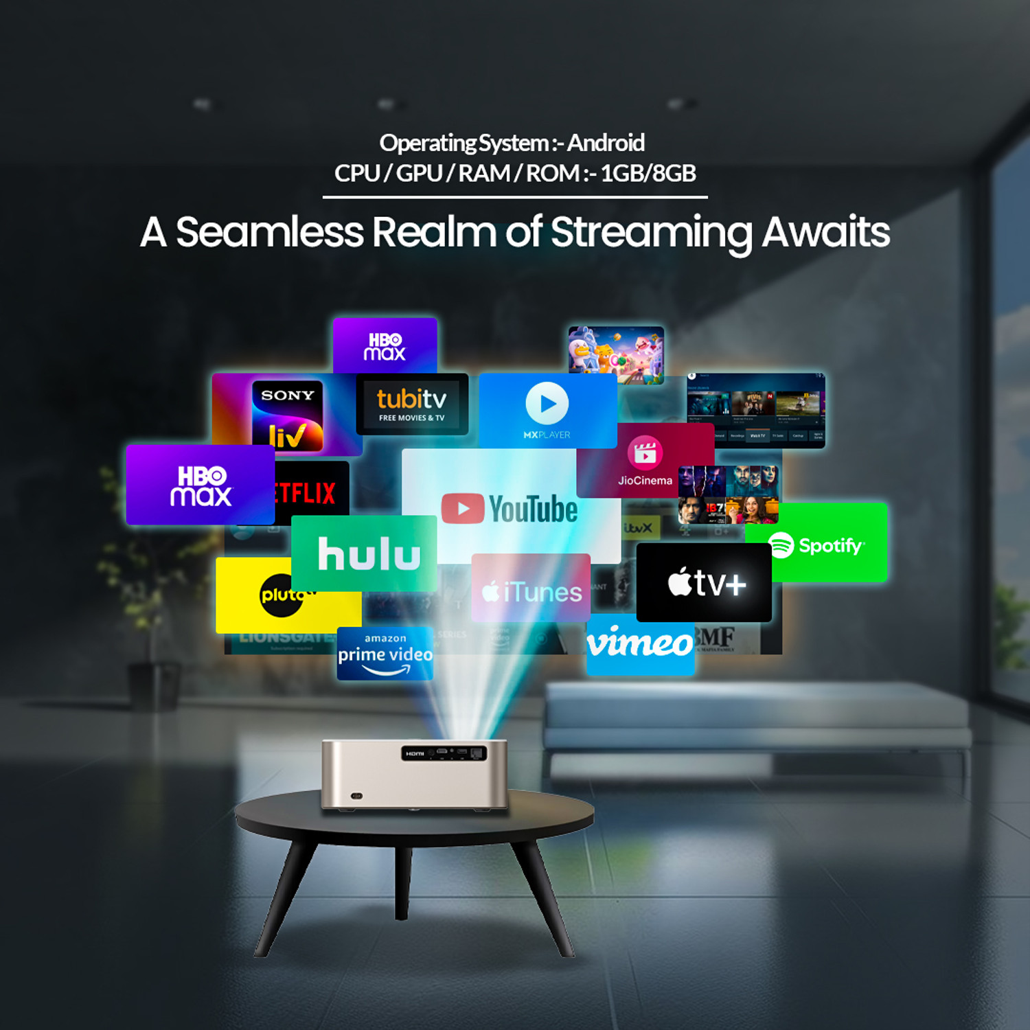 Image of WOWOTO Storm Android 1080P, 300'' Display, WiFi & BT 5.0, 100-50% Zoom, 1+8 GB (15000 lm / 1 Speaker / Wireless / Remote Controller) Portable Projector (Grey)