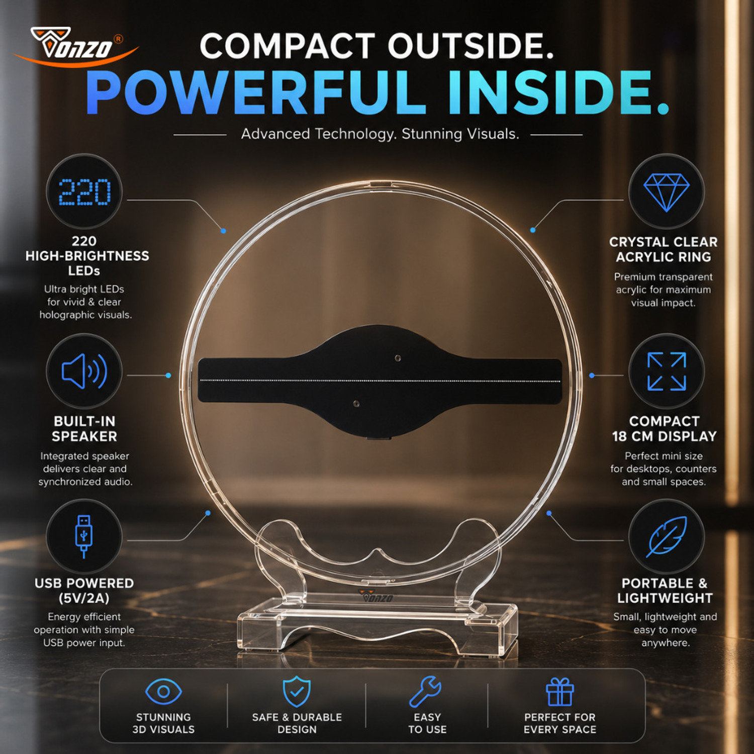 Image of TONZO 18cm HD 3D 220 LED Hologram Fan for Home Decor & Shop Counters, Tabletop Display (4000 lm / Wireless / Remote Controller) Portable Projector