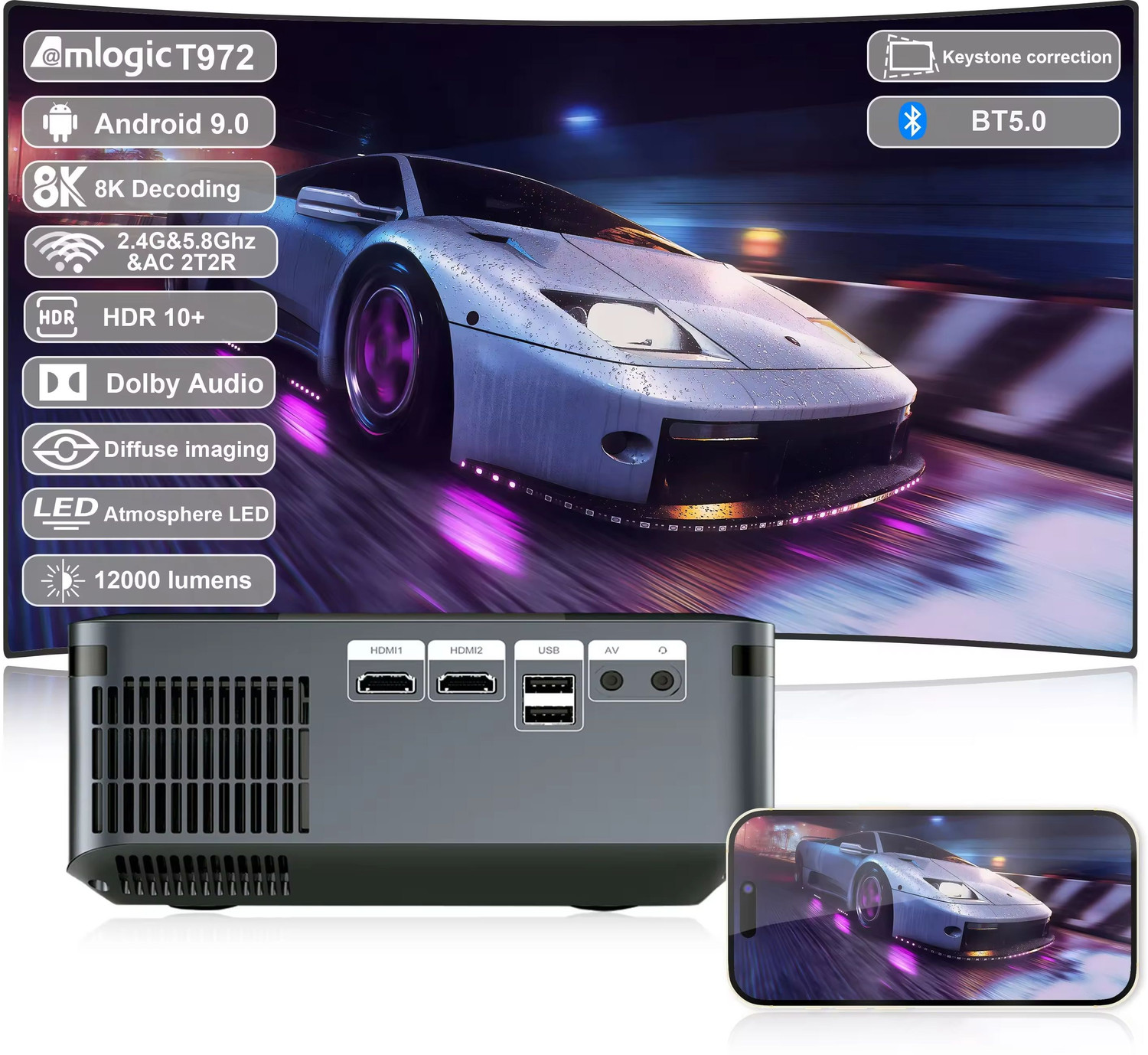 Image of Trending Store New X1 Android 9 Ultra Full HD 2+16GB 8K Support for Home Cinema (12000 lm / 1 Speaker / Wireless / Remote Controller) Portable Projector